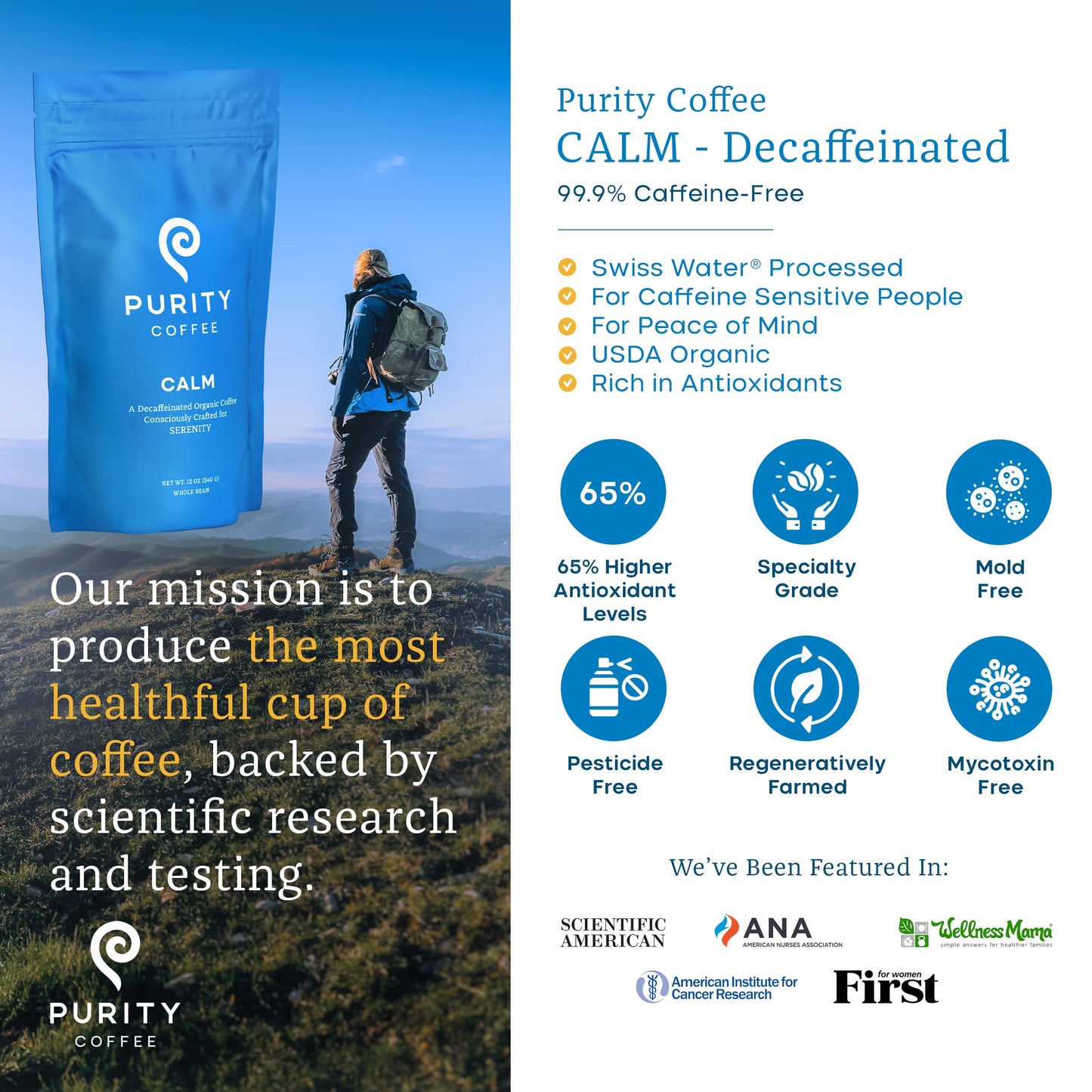 Purity Coffee CALM Decaf Medium Roast Whole Bean (12oz Bag) | Specialty-Grade USDA Organic Mountain Water Process Decaffeinated Blend | Third Party