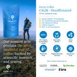 Purity Coffee CALM Decaf Medium Roast Whole Bean (12oz Bag) | Specialty-Grade USDA Organic Mountain Water Process Decaffeinated Blend | Third Party
