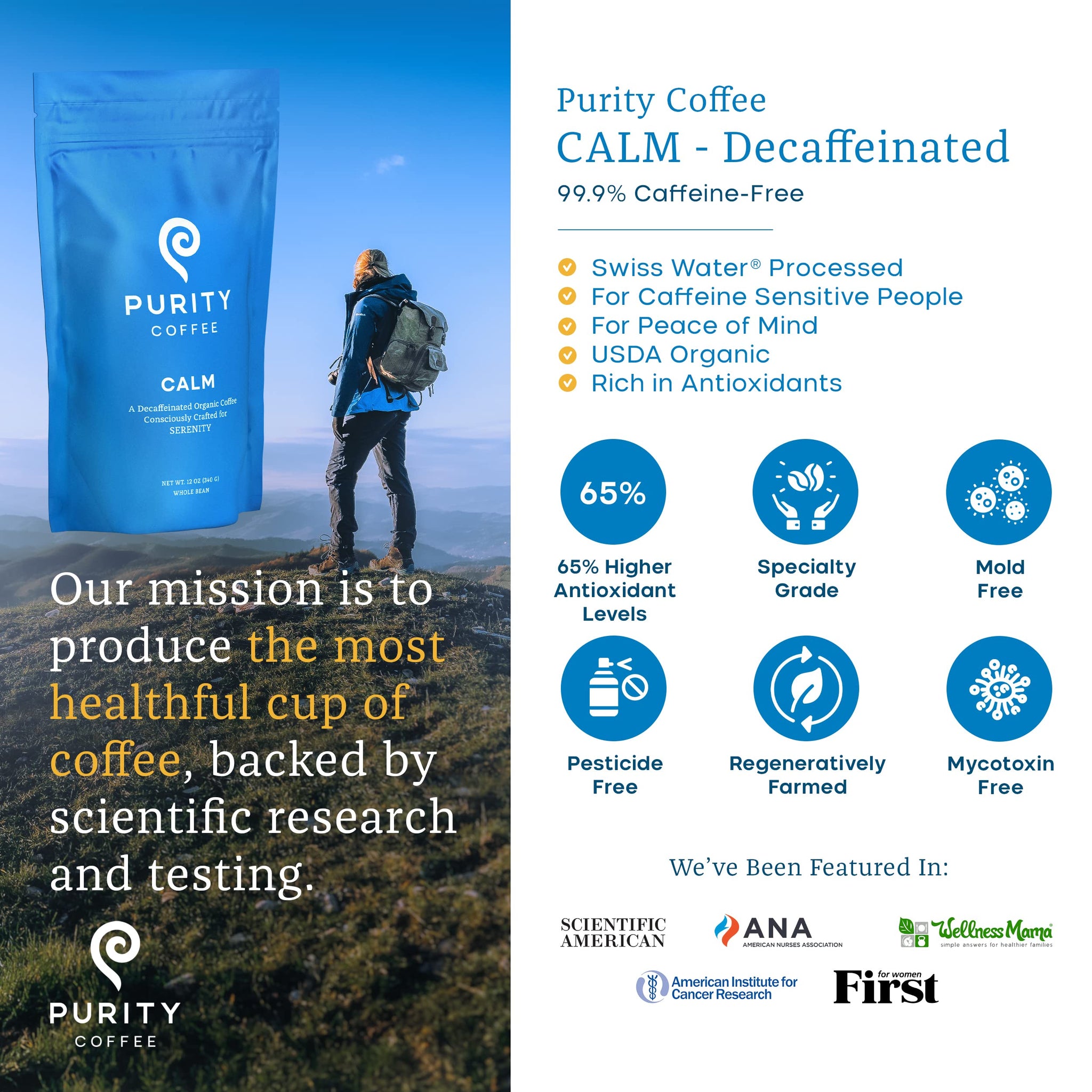 Purity Coffee CALM Decaf Medium Roast Whole Bean (12oz Bag) | Specialty-Grade USDA Organic Mountain Water Process Decaffeinated Blend | Third Party