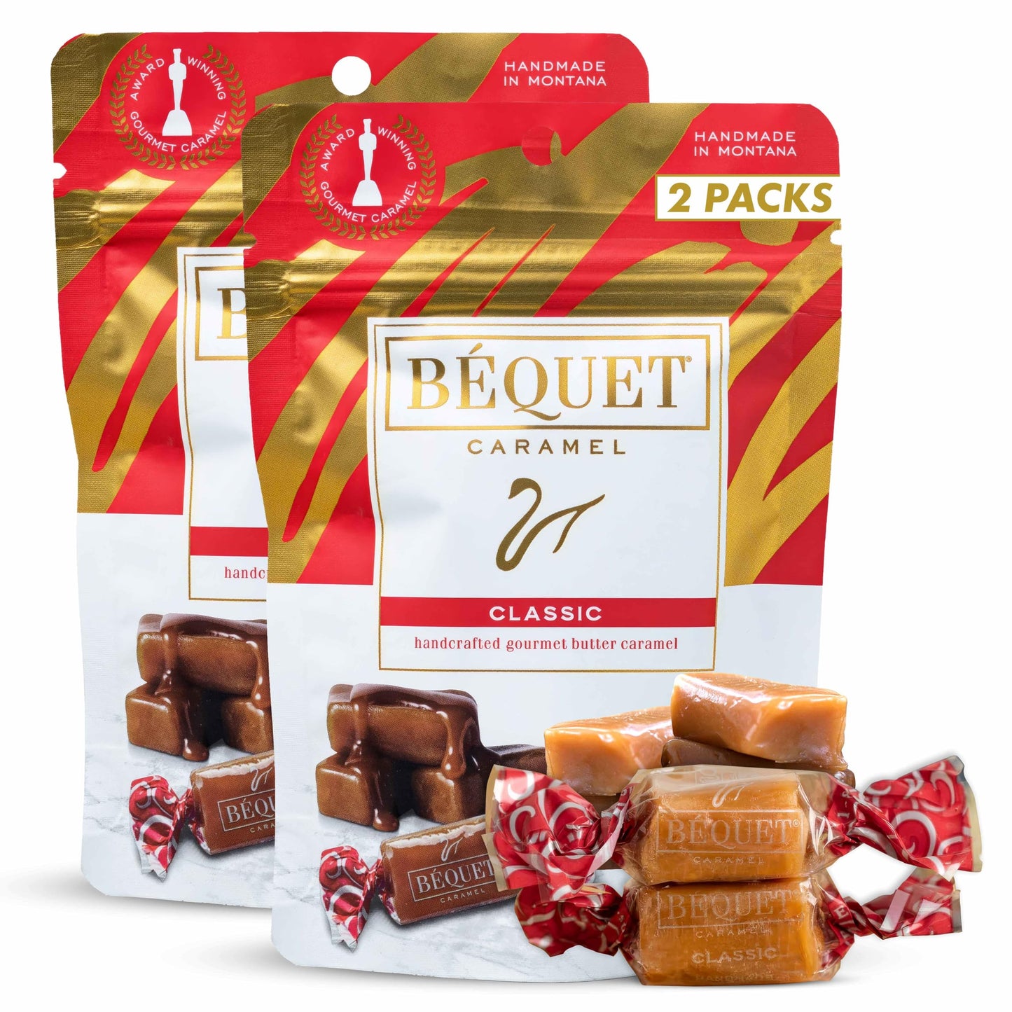 Bequet Caramel Classic Handcrafted Gourmet Butter Caramel Candy (3.6oz each one) 2 packs - Gluten Free, Smooth, Chewy Candy Melts Individually wrapped