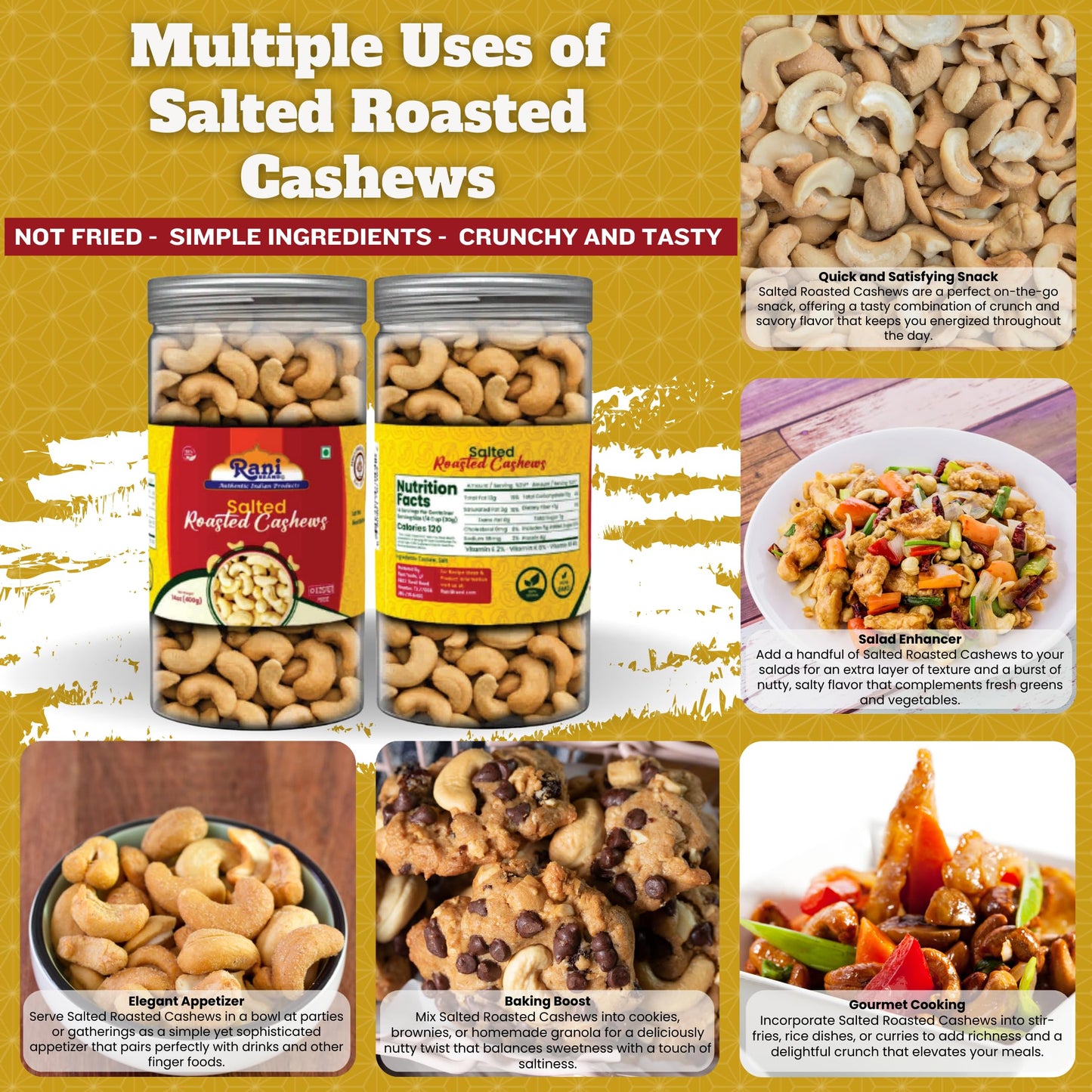 Rani Salted Roasted Cashews 14oz (400g) PET Jar, Non-Fried, Oil Free ~ All Natural | Vegan | Gluten Friendly | NON-GMO | Kosher | Air Roasted, Crunchy