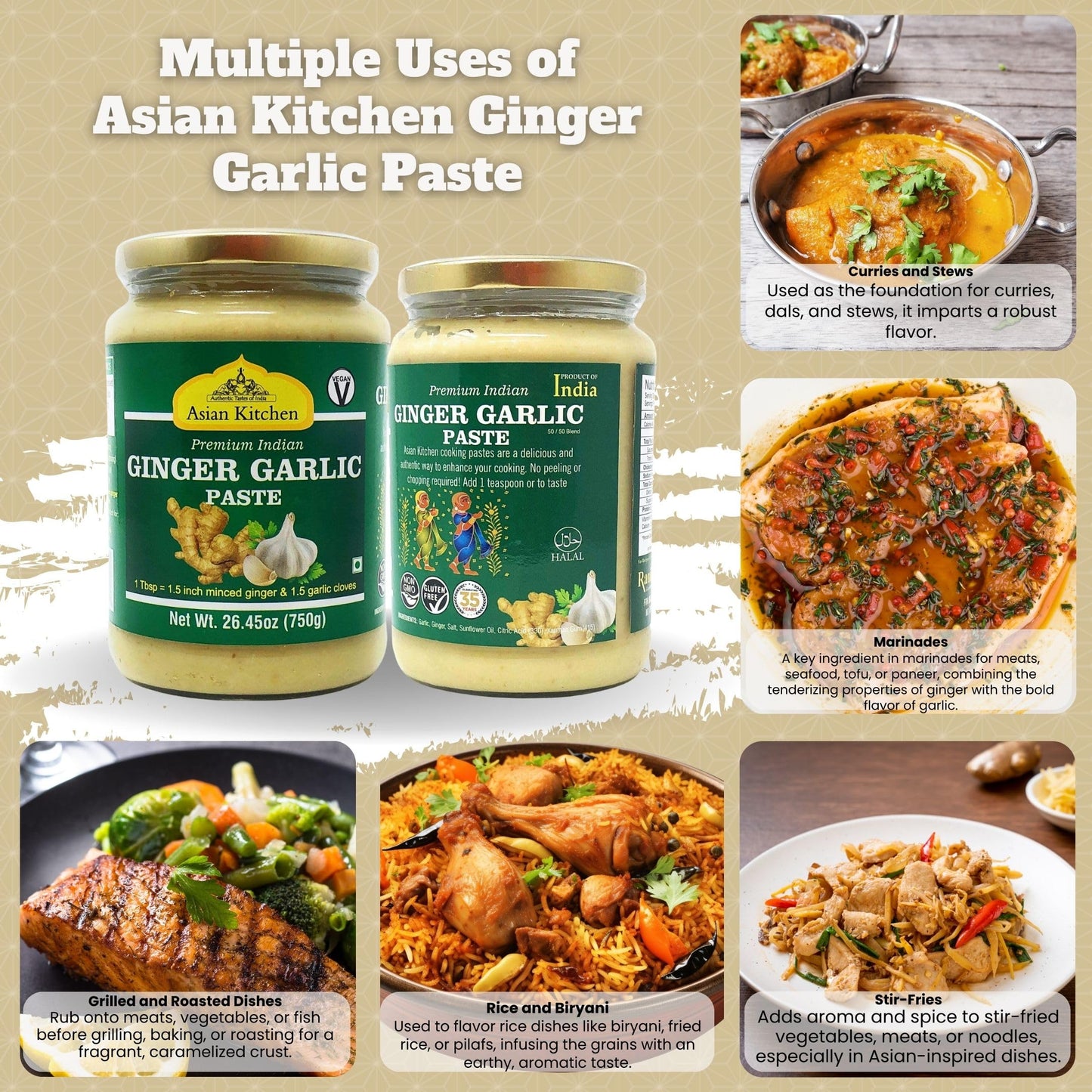 Asian Kitchen Ginger Garlic Cooking Paste 26.5oz (750g) Glass Jar ~ Vegan | Gluten Free | NON-GMO | No Colors | Indian Origin
