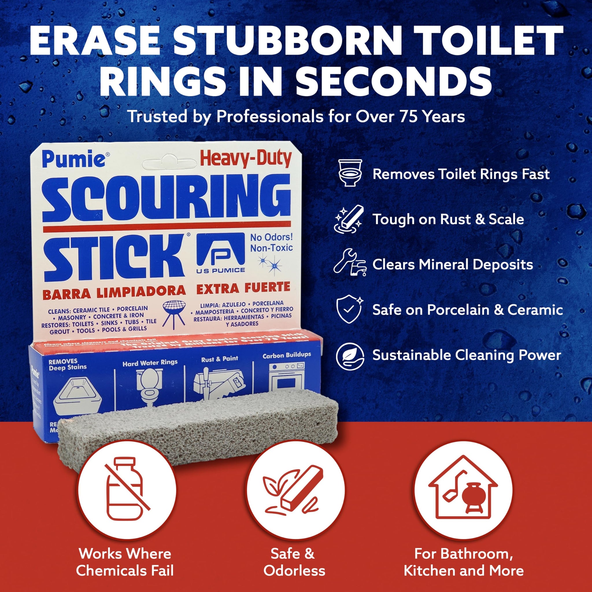 4-Pack PUMIE Heavy Duty Pumice Scouring Stick, with Flexi Scour Pad, Pumice Stone for Cleaning Tough Bathroom, Kitchen Stain, Grills, Pool, Scouring