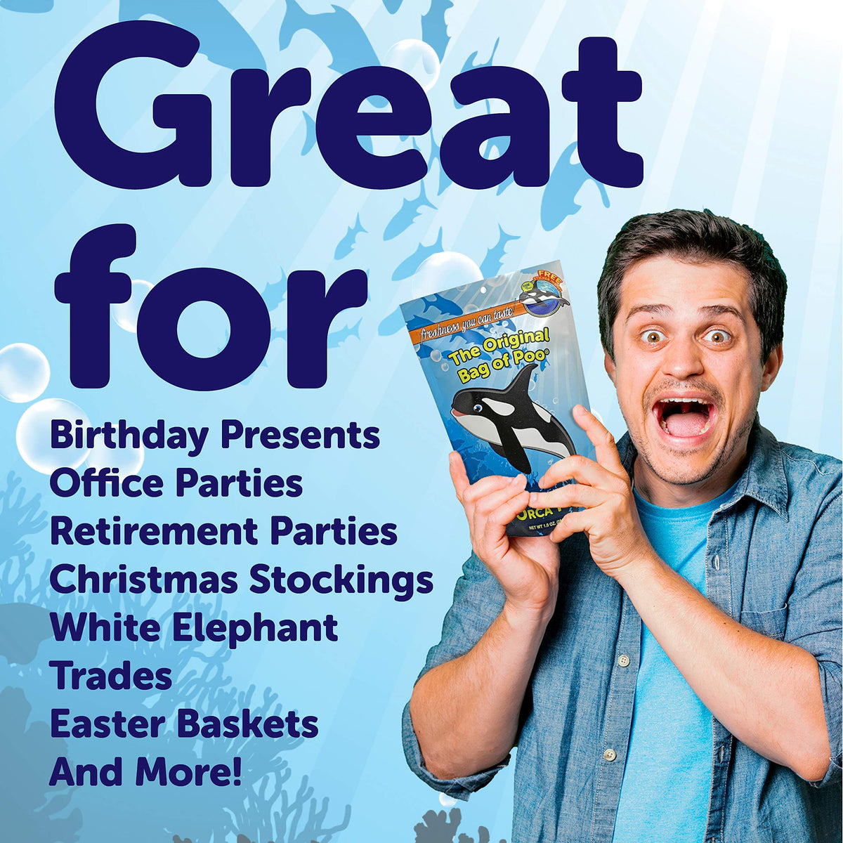 The Original Bag of Poo®, Orca Poo (Vanilla Flavor Cotton Candy) Novelty Poop Gag Gift. Free sticker inside.