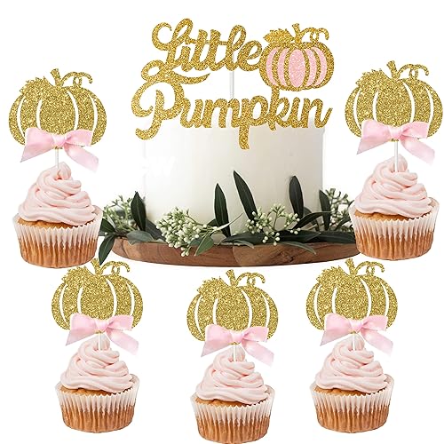 Little Pink Pumpkin Cake Topper + 24 Cupcake Toppers, 25pcs Kit | Cake Decoration Set for Girls Pumpkin Birthday Party, Autumn/Fall Theme Baby Shower