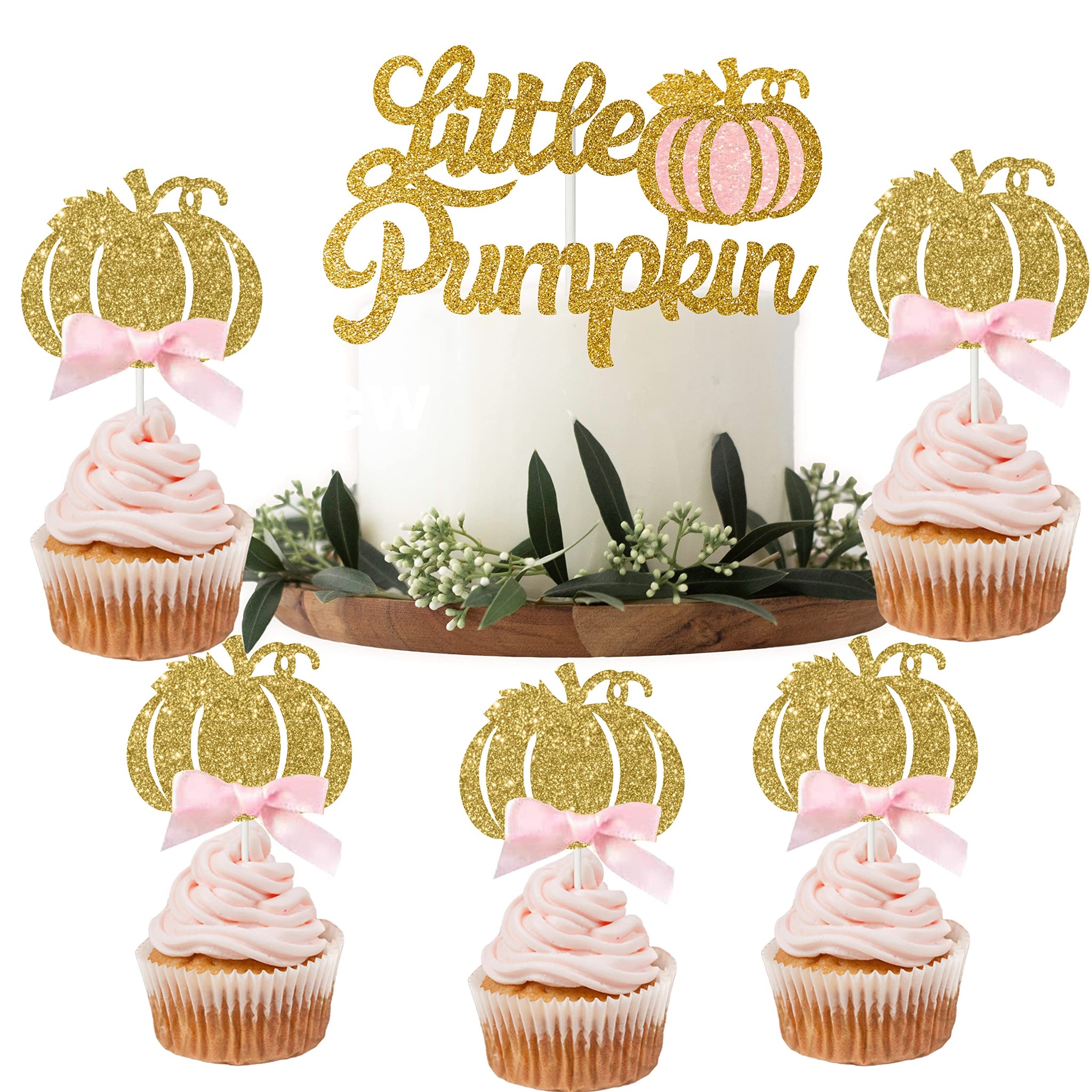 Little Pink Pumpkin Cake Topper + 24 Cupcake Toppers, 25pcs Kit | Cake Decoration Set for Girls Pumpkin Birthday Party, Autumn/Fall Theme Baby Shower