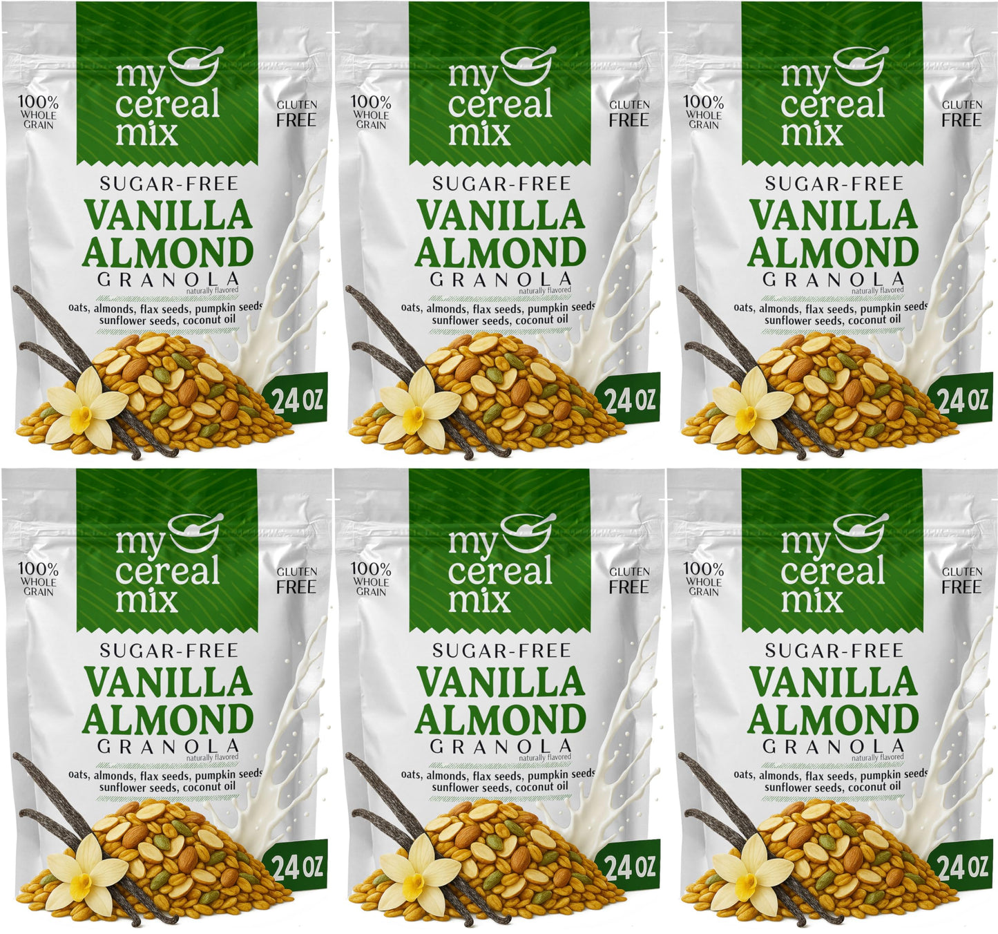 MyCerealMix Sugar Free Vanilla Almond Granola - 6 Pack (144oz Total) - Healthy Breakfast Cereal - Gluten Free, Diabetic Friendly - Family Size - Monk