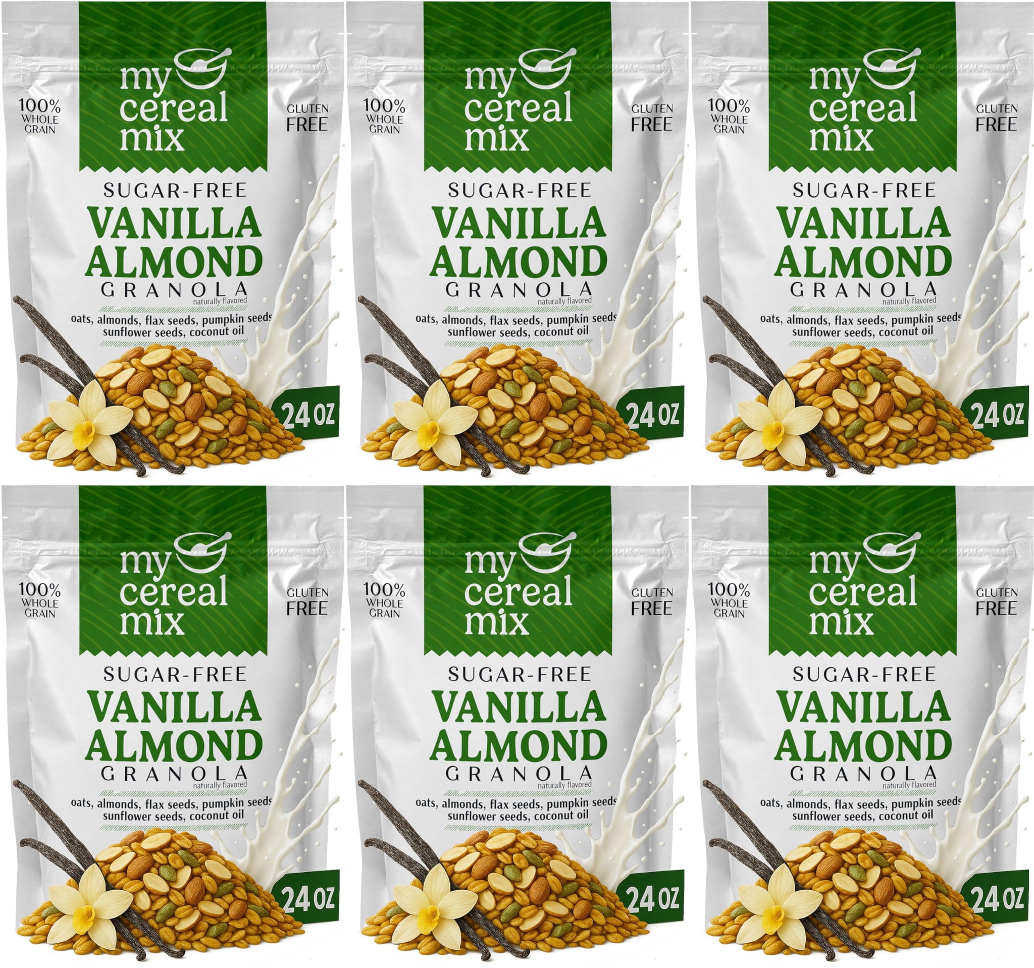 MyCerealMix Sugar Free Vanilla Almond Granola - 6 Pack (144oz Total) - Healthy Breakfast Cereal - Gluten Free, Diabetic Friendly - Family Size - Monk