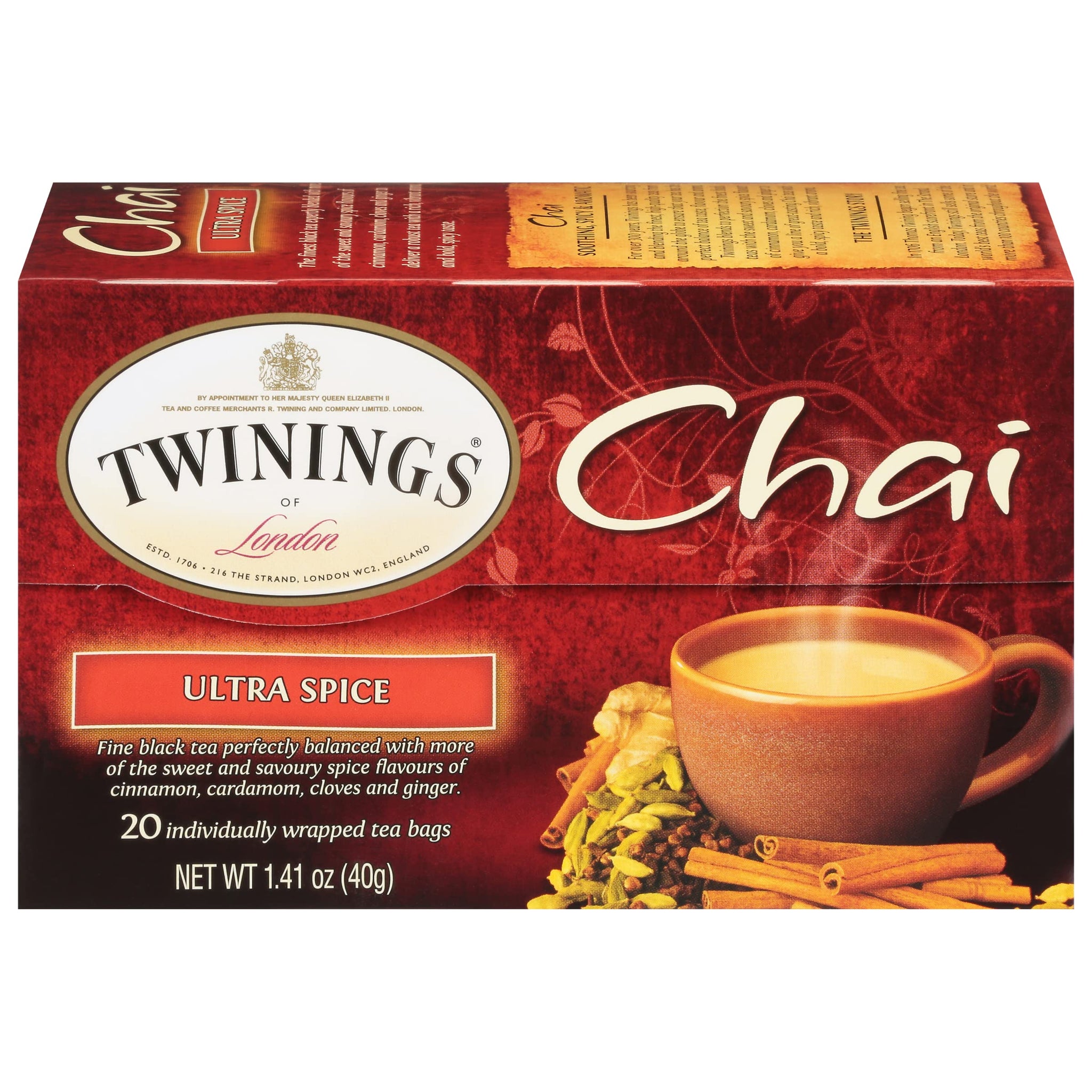 Twinings Ultra Spice Chai Tea Bags - Individually Wrapped, Black Tea with Cinnamon, Ginger, Cardamon & Clove, Clover Honey Stick Included, 20 Count
