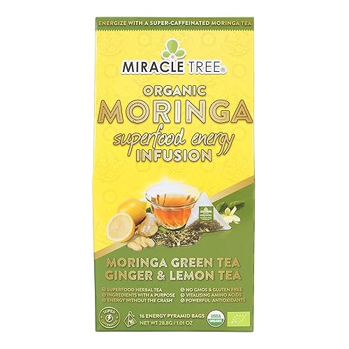 Miracle Tree's Moringa Energy Tea - Green Tea with Ginger & Lemon | Super Caffeinated Blend | Healthy Coffee Alternative, Perfect for Focus | Organic