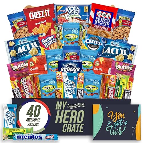 Military Encouragement - Snack Box (40 Piece Variety Gift Basket Care Package) Peanuts, Candy, Chips, Granola Bars & More - My Hero Crate