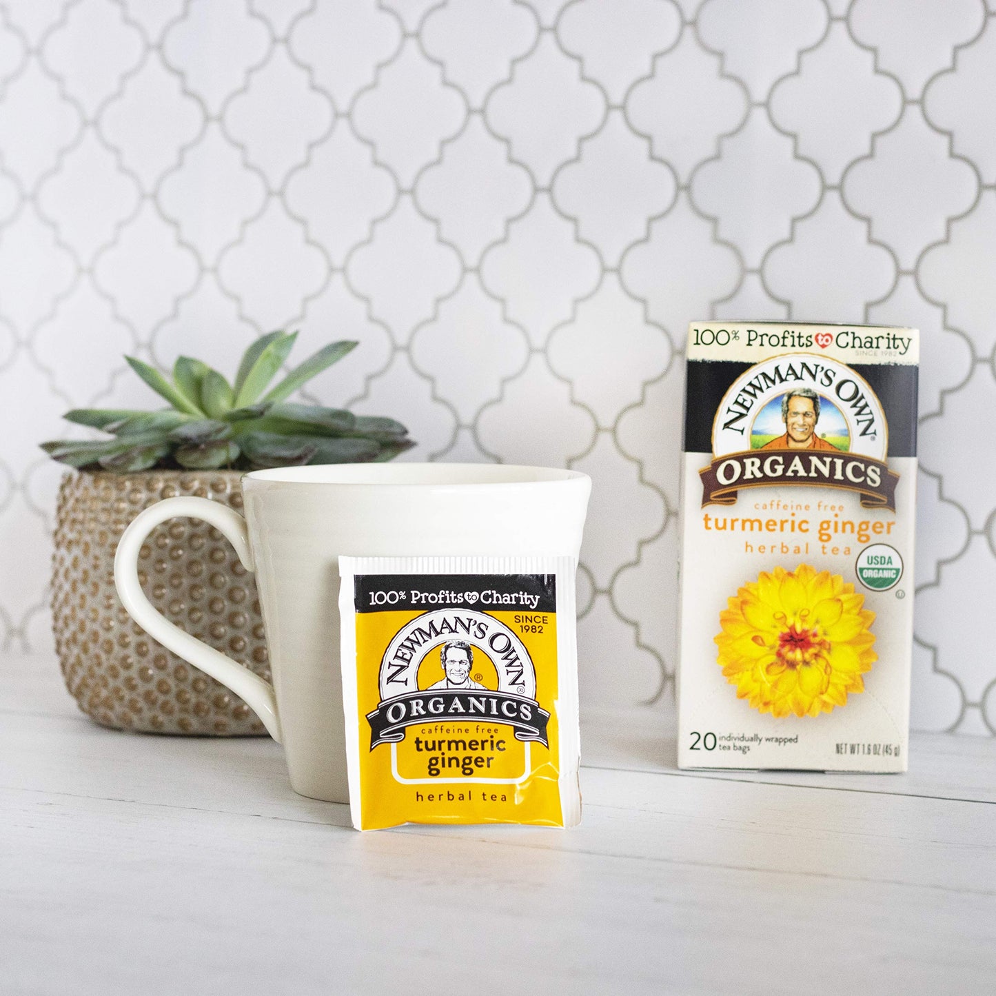 Newman's Own Organic Turmeric Ginger Herbal Tea, Caffeine-Free, Savory & Spicy Flavors Combined For The Perfect Cup Of Tea, 6 Pack Of 20 Tea Bags