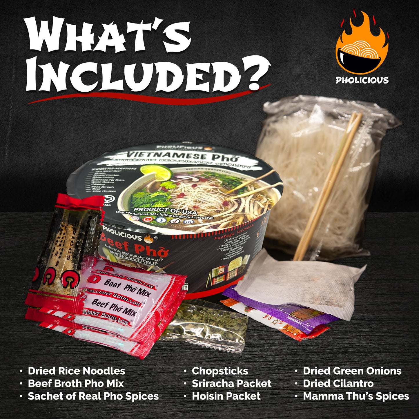 PhoLicious Instant Beef Pho, Authentic Vietnamese Rice Noodle Soup Kit with Spices & Broth Mix, Ramen Noodles Alternative, Quick Microwave Meal - Pho