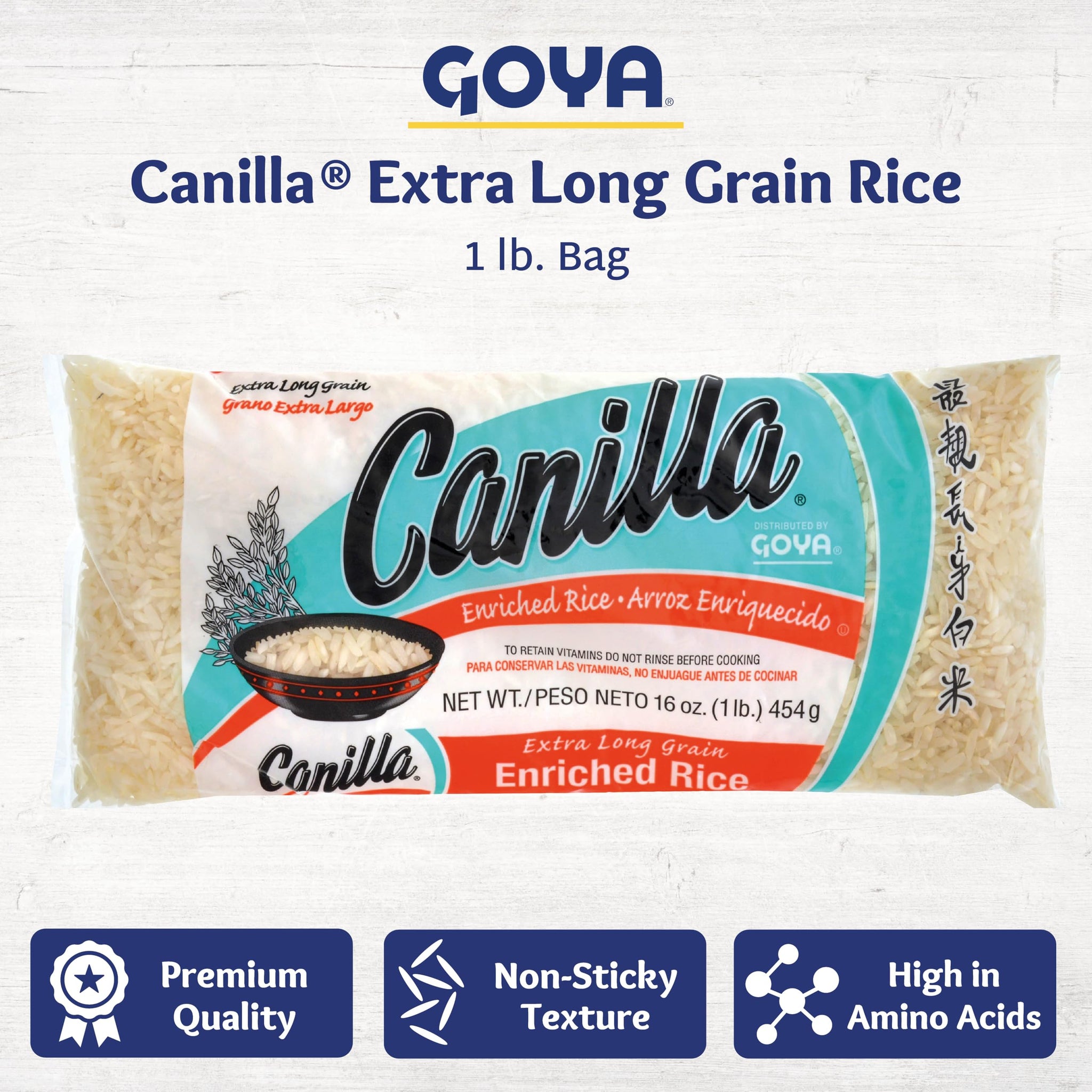 Goya Canilla Extra Long Grain Rice, Light and Fluffy Texture, Ideal for Latin Meals, Rice Bowls, and Sides, 2-Pack (1 lb Bags)