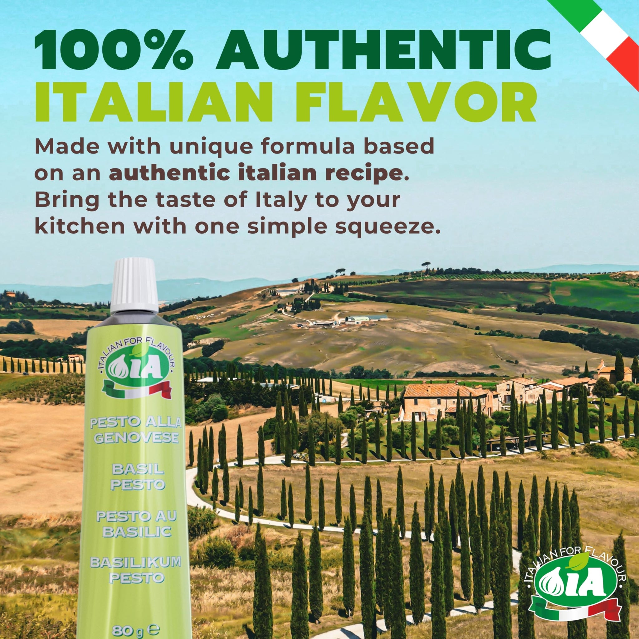 IA Basil Pesto Paste Ready to Use in a 2.82oz (80g) Tube - Perfect as an Appetizer and for a Variety of Recipes, Gluten-Free, Recyclable