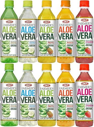 Farmer's Aloe Vera Variety Pack - Original, Mango, Coco, Fresa/Strawberry, Pina/Pineapple Drinks, 16.9 Fl Oz (Pack of 10, Total of 169 Oz)