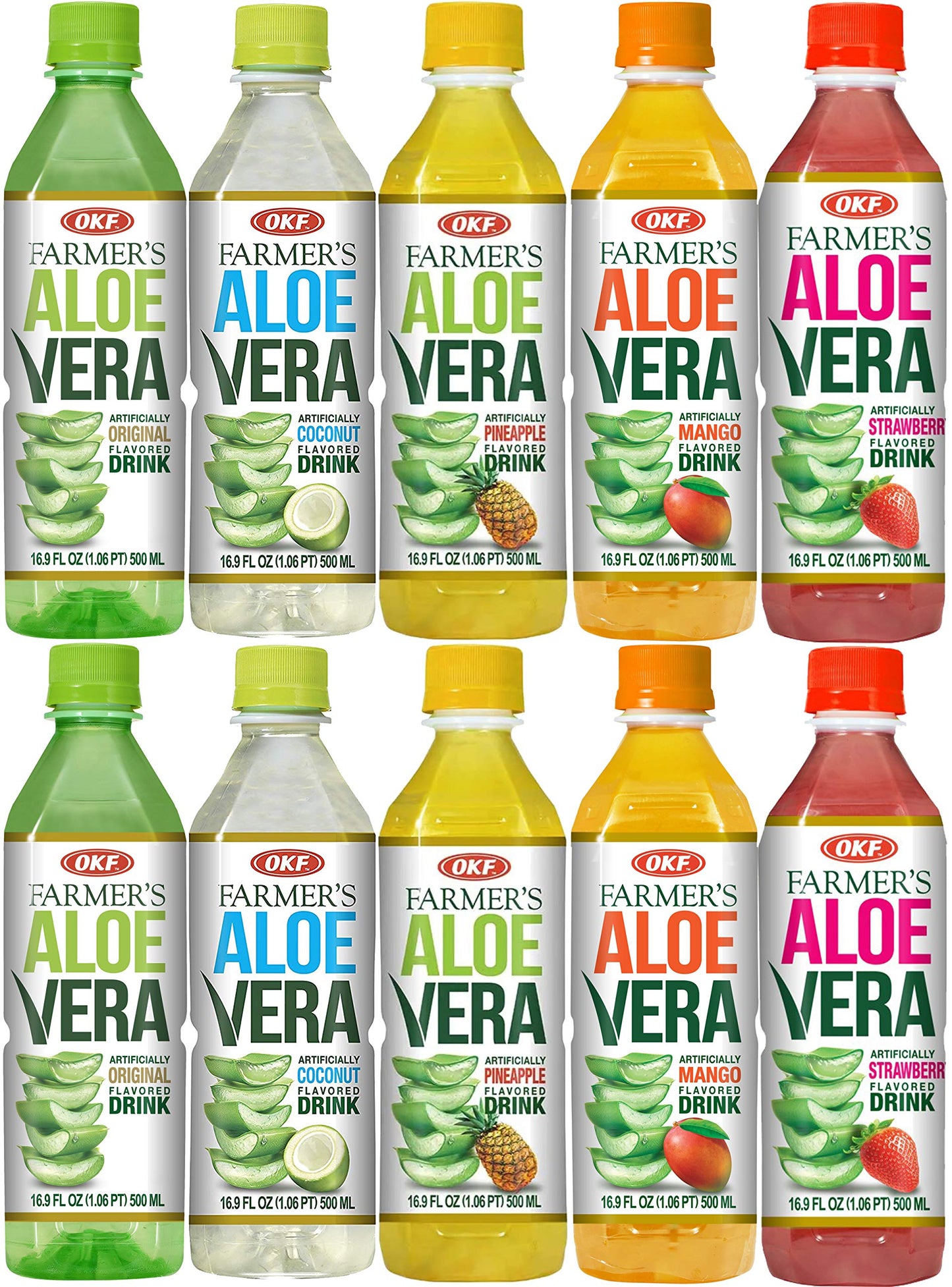 Farmer's Aloe Vera Variety Pack - Original, Mango, Coco, Fresa/Strawberry, Pina/Pineapple Drinks, 16.9 Fl Oz (Pack of 10, Total of 169 Oz)