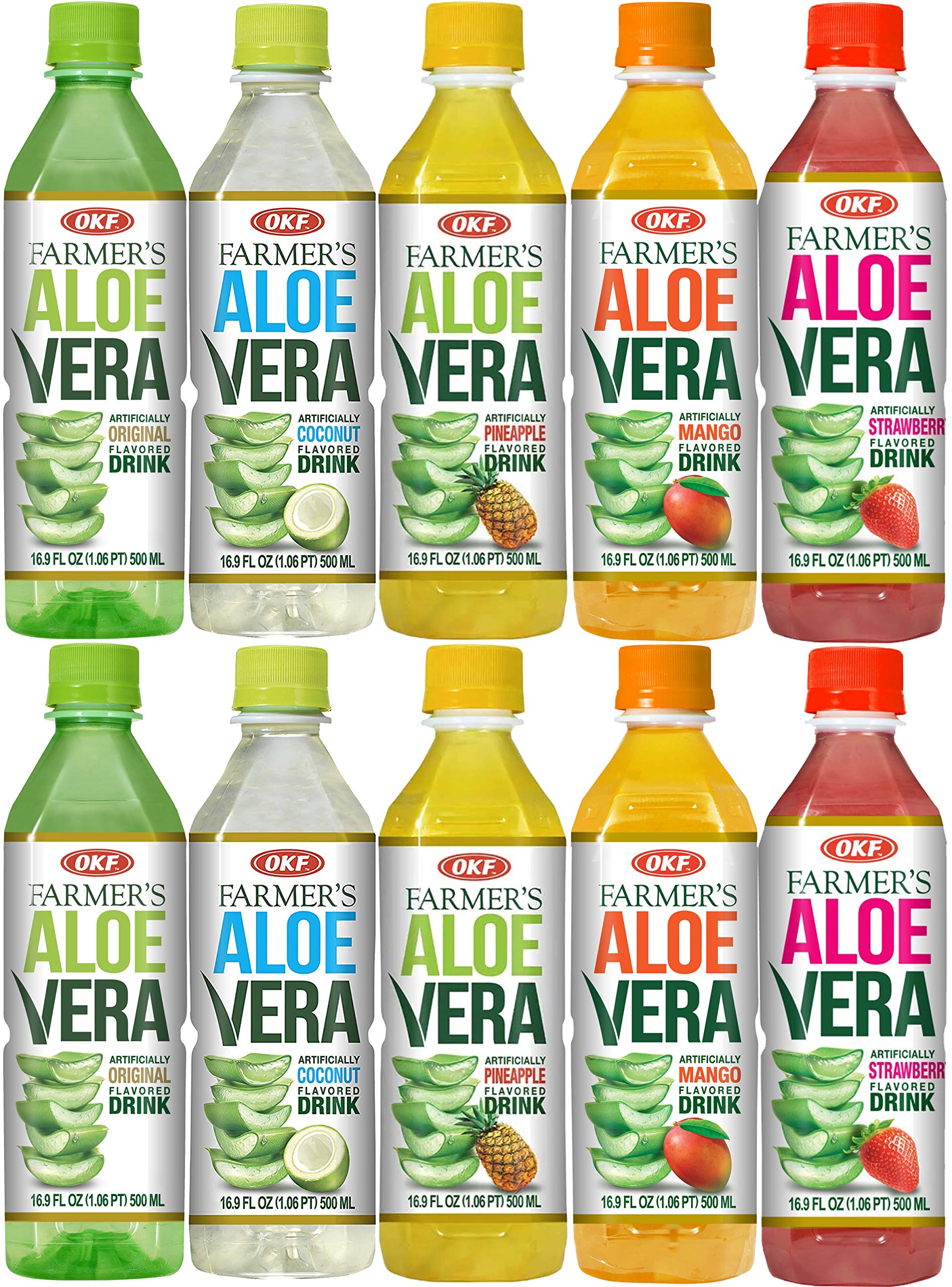 Farmer's Aloe Vera Variety Pack - Original, Mango, Coco, Fresa/Strawberry, Pina/Pineapple Drinks, 16.9 Fl Oz (Pack of 10, Total of 169 Oz)