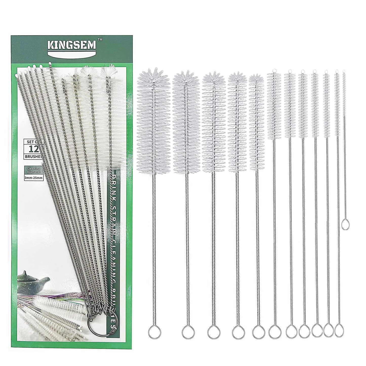 KINGSEM 12 PCS Straw Cleaner Brush kit with 2mm-25mm /6.5-10 INCH for Tube and Pipe.Tumbler, Sippy Cup, Bottle with Straw,Hummingbird feeders