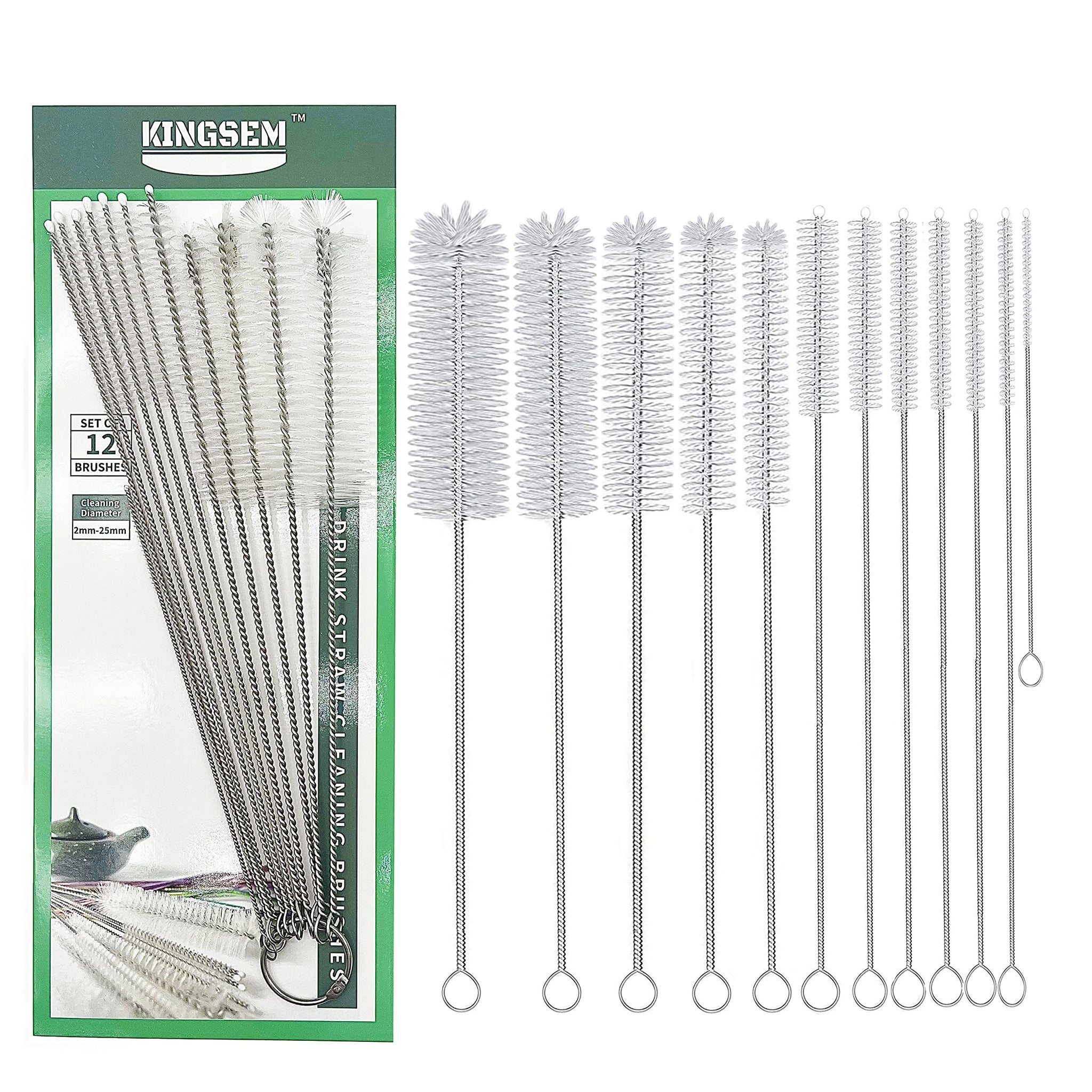 KINGSEM 12 PCS Straw Cleaner Brush kit with 2mm-25mm /6.5-10 INCH for Tube and Pipe.Tumbler, Sippy Cup, Bottle with Straw,Hummingbird feeders