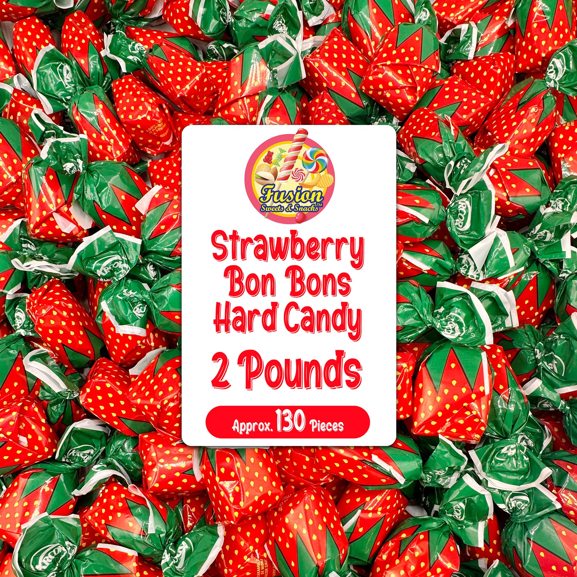 Strawberry Filled Hard Candy - Individually Wrapped Strawberry Bon Bons Candy 2 Pound Bulk Bag, Red