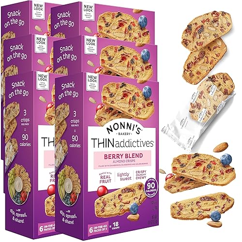 Nonni's THINaddictives Almond Thin Cookies - 6 Boxes Berry Blend Almond Cookies - Almond Cookie Thins w/Cranberries Blueberries Goldenberries Raisins