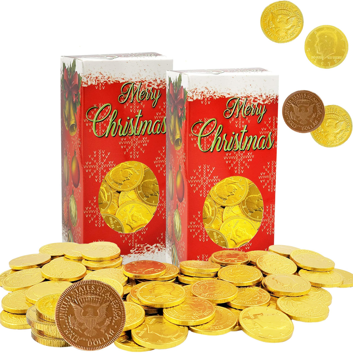 Fruidles Christmas Premium Belgian Milk Chocolate Gold Coins, Candy Stocking Stuffers, Nut-Free Chocolate Candy, 1Lb Box (2-Pack)