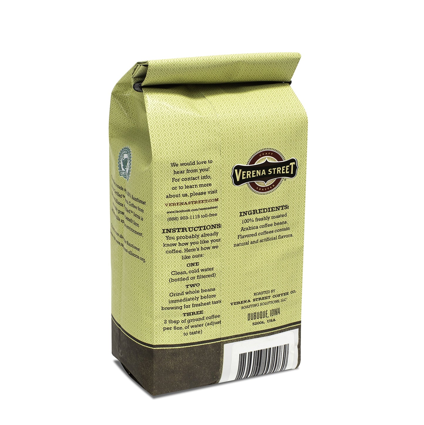 Verena Street 11 Ounce Whole Bean Coffee, Dark Roast, Nine Mile Sunset, Rainforest Alliance Certified Arabica Coffee