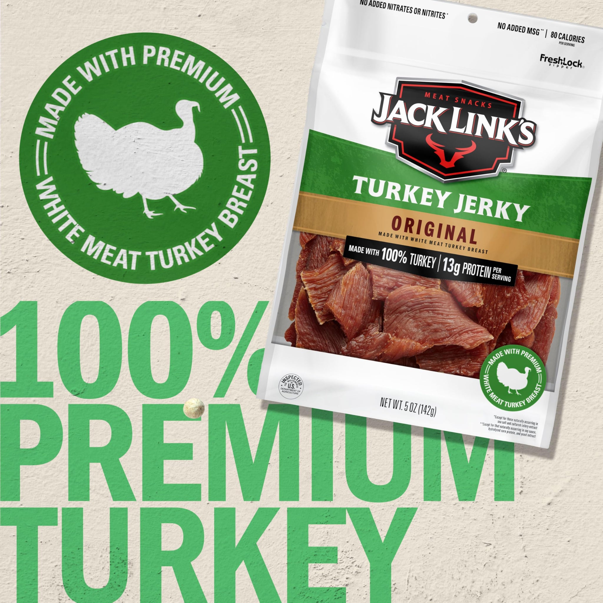 Jack Link's Turkey Jerky, Original, Jerky Bag - Flavorful Snack, Ready to Eat Protein Snacks with 13g of Protein per Serving, Made with 100% Turkey