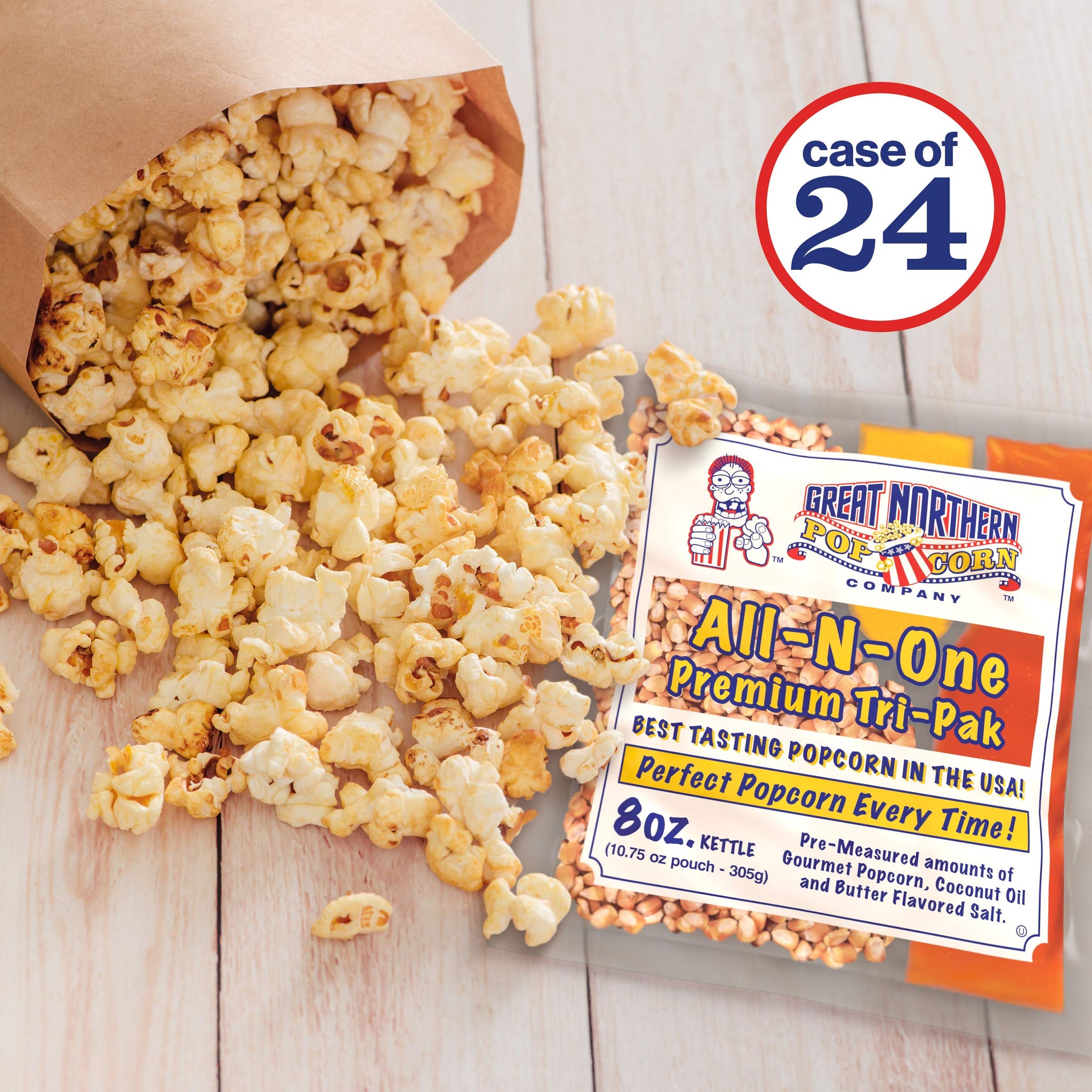 8 oz Popcorn Packs Â- Pre-Measured, Movie Theater Style, All-in-One Kernel, Salt, Oil Packets for Popcorn Machines by Great Northern Popcorn (24 Case)