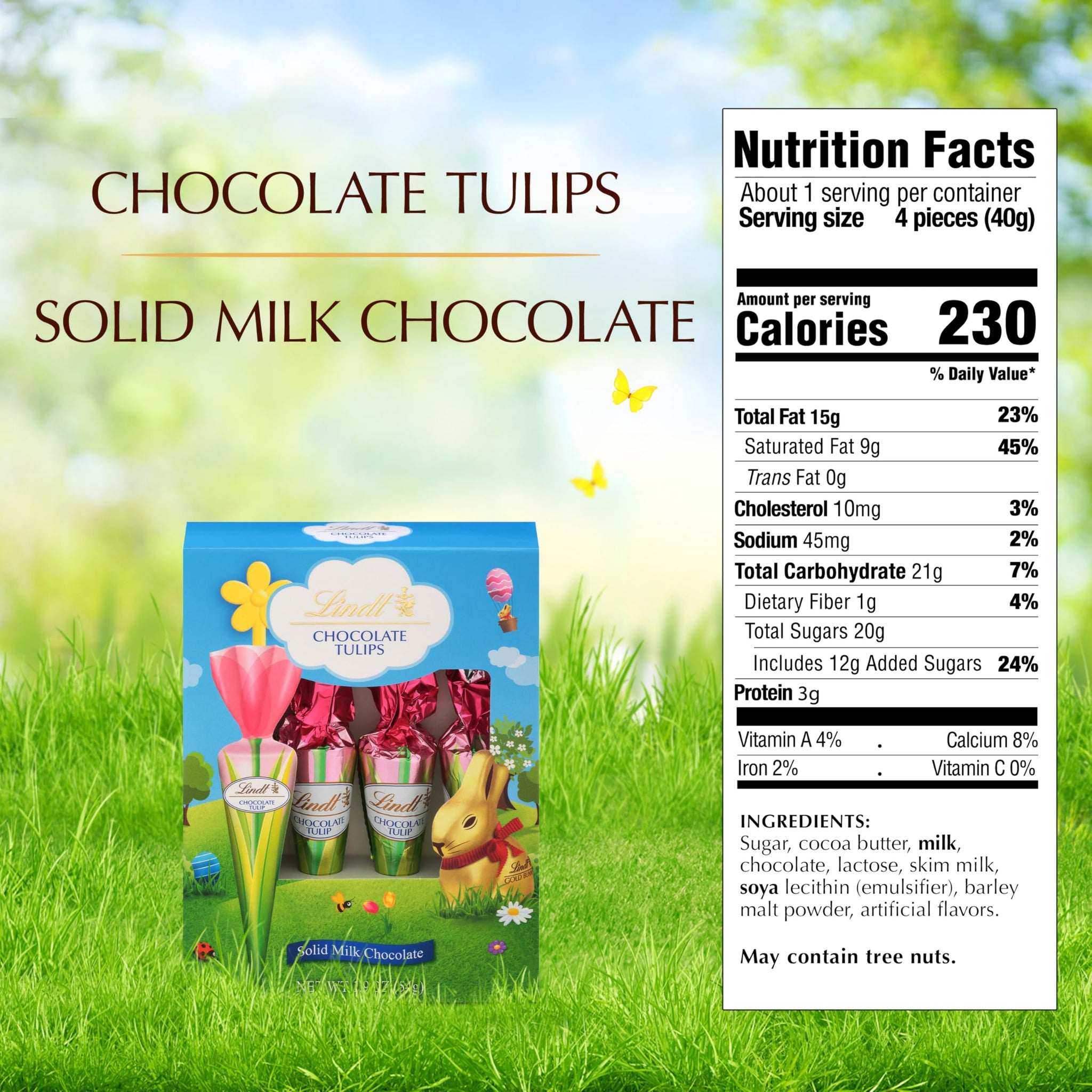 Lindt Chocolate Tulips, Tulip-Shaped Solid Milk Chocolate Easter Candy on a Stick, 4 Pack