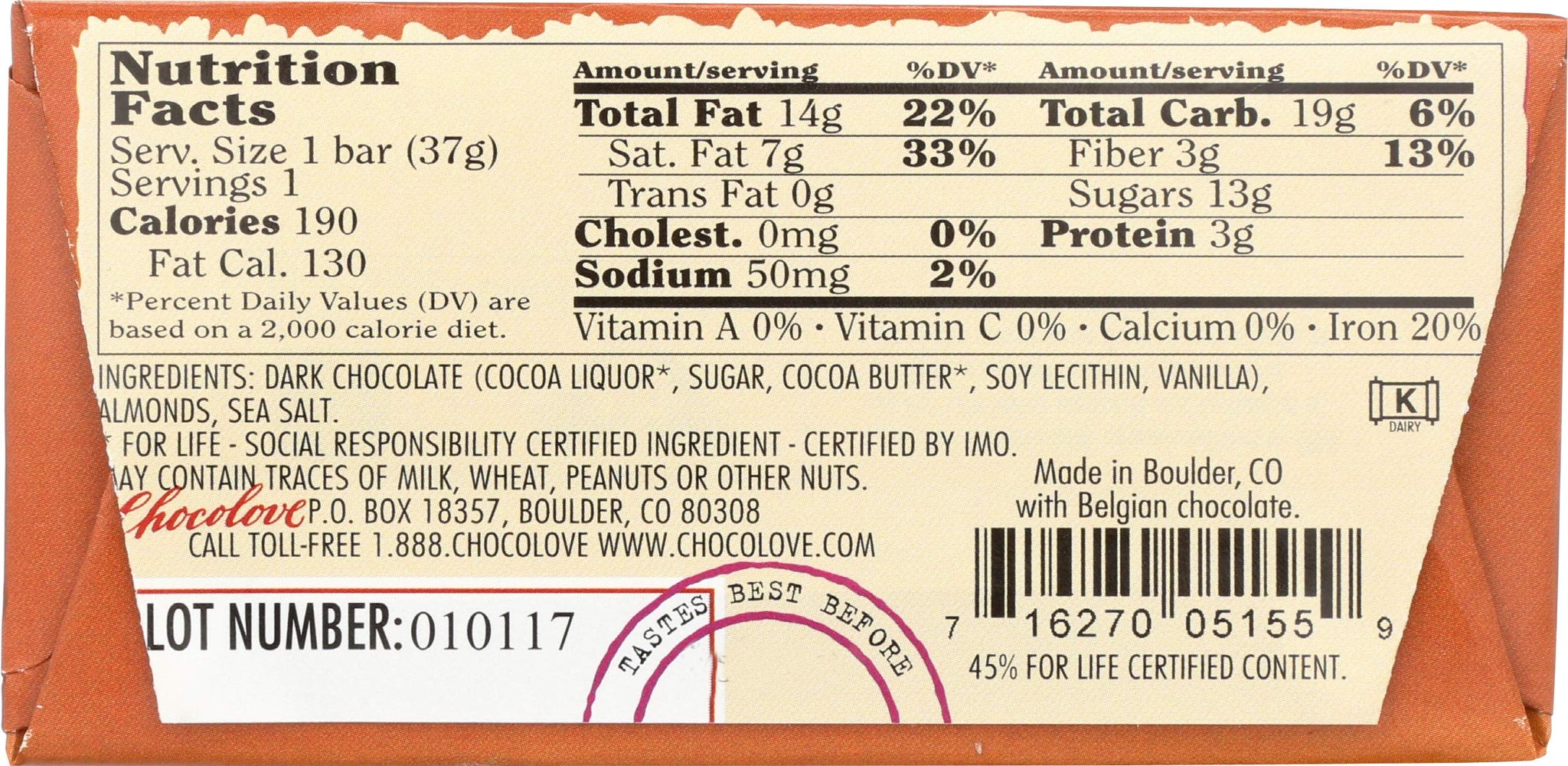 Chocolove Chocolate Bar, Almonds & Sea Salt in Dark Chocolate, 1.3 Ounce (Pack of 12)