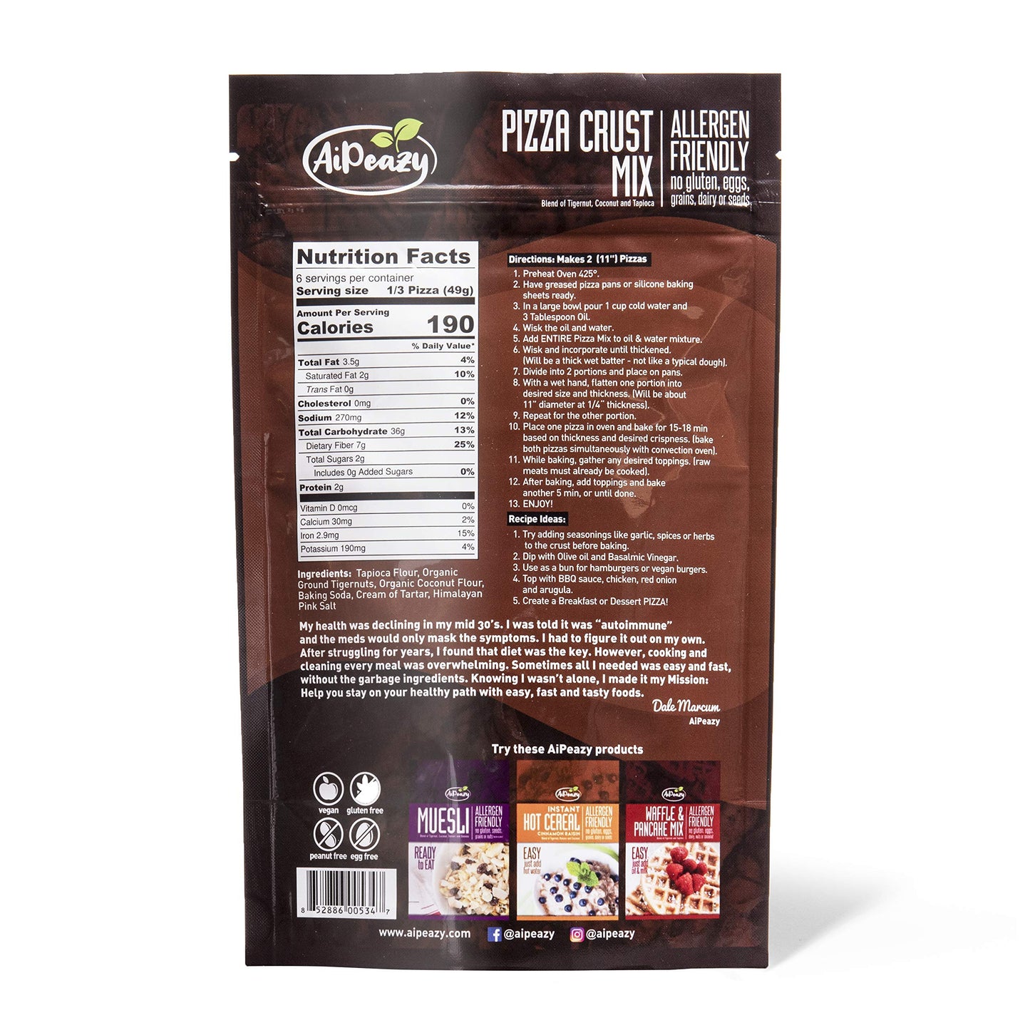 AiPeazy - Flatbread Pizza Crust Mix - With Tigernut Flour - Non-GMO - No Gluten, Soy, Eggs, Grains, Dairy, Nuts, or Seeds - Suitable for Gluten Free, Paleo, Vegan, and Aip Diets - 10.3 Ounce Package