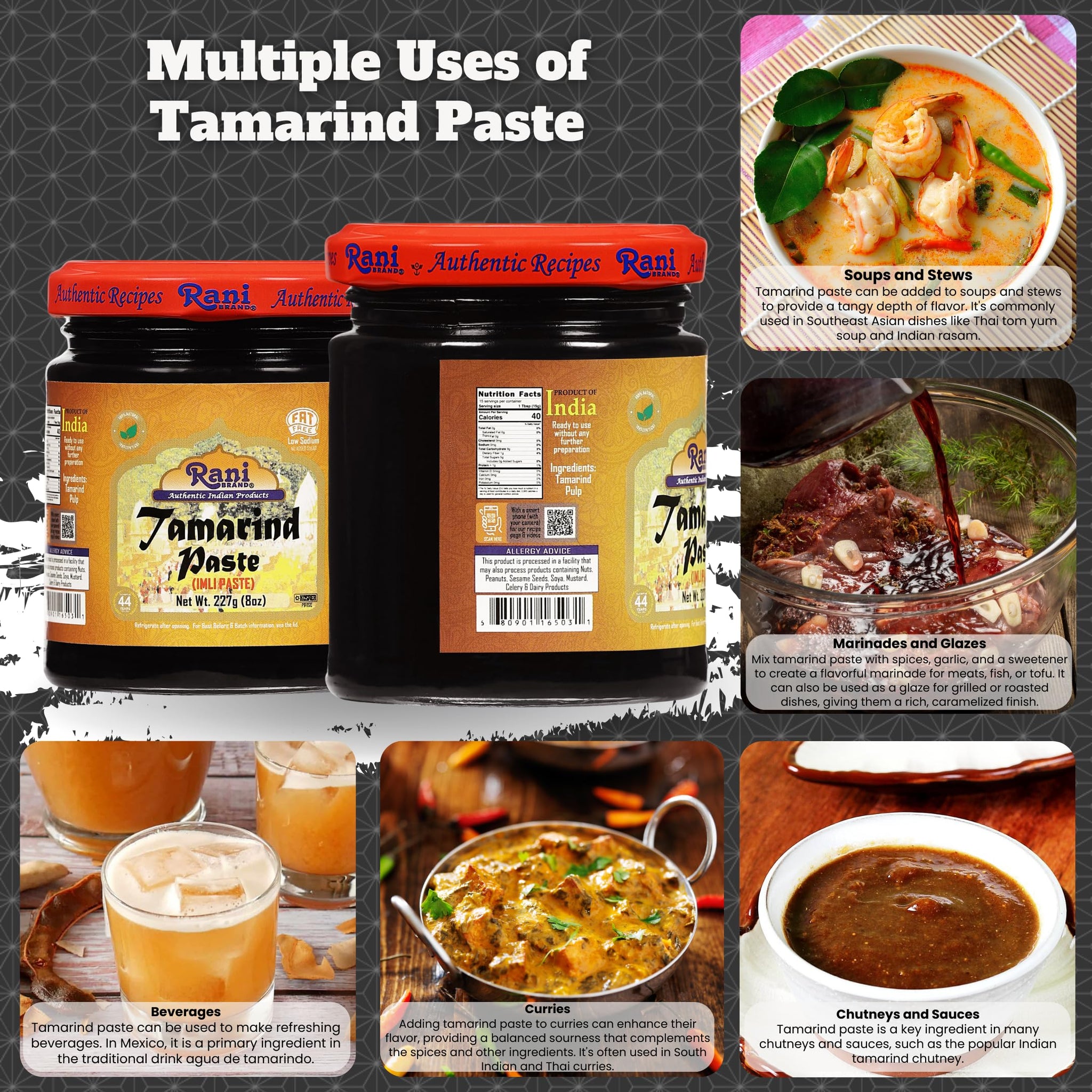 Rani Tamarind Paste Puree (Imli) 8oz (227g) Glass Jar, No added sugar ~ All Natural | Vegan | Gluten Free | No Colors | NON-GMO | Kosher | Indian