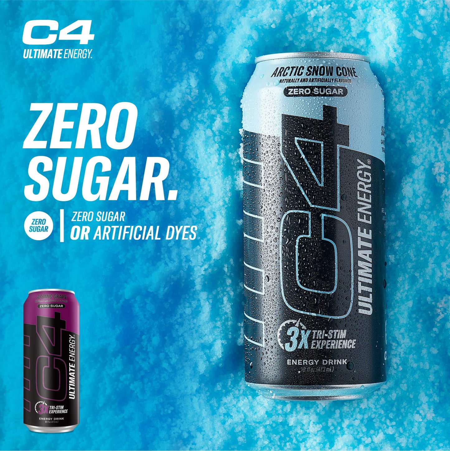 C4 Ultimate Zero Sugar Energy Drink, Tri-Stim Experience with 300mg Caffeine + TeaCrine + Dynamine, Atomic Grape, 16oz (Pack of 12)