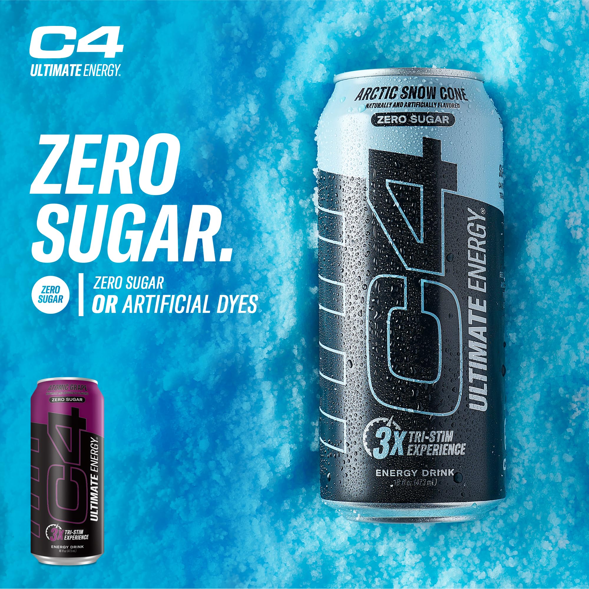 C4 Ultimate Zero Sugar Energy Drink, Tri-Stim Experience with 300mg Caffeine + TeaCrine + Dynamine, Atomic Grape, 16oz (Pack of 12)