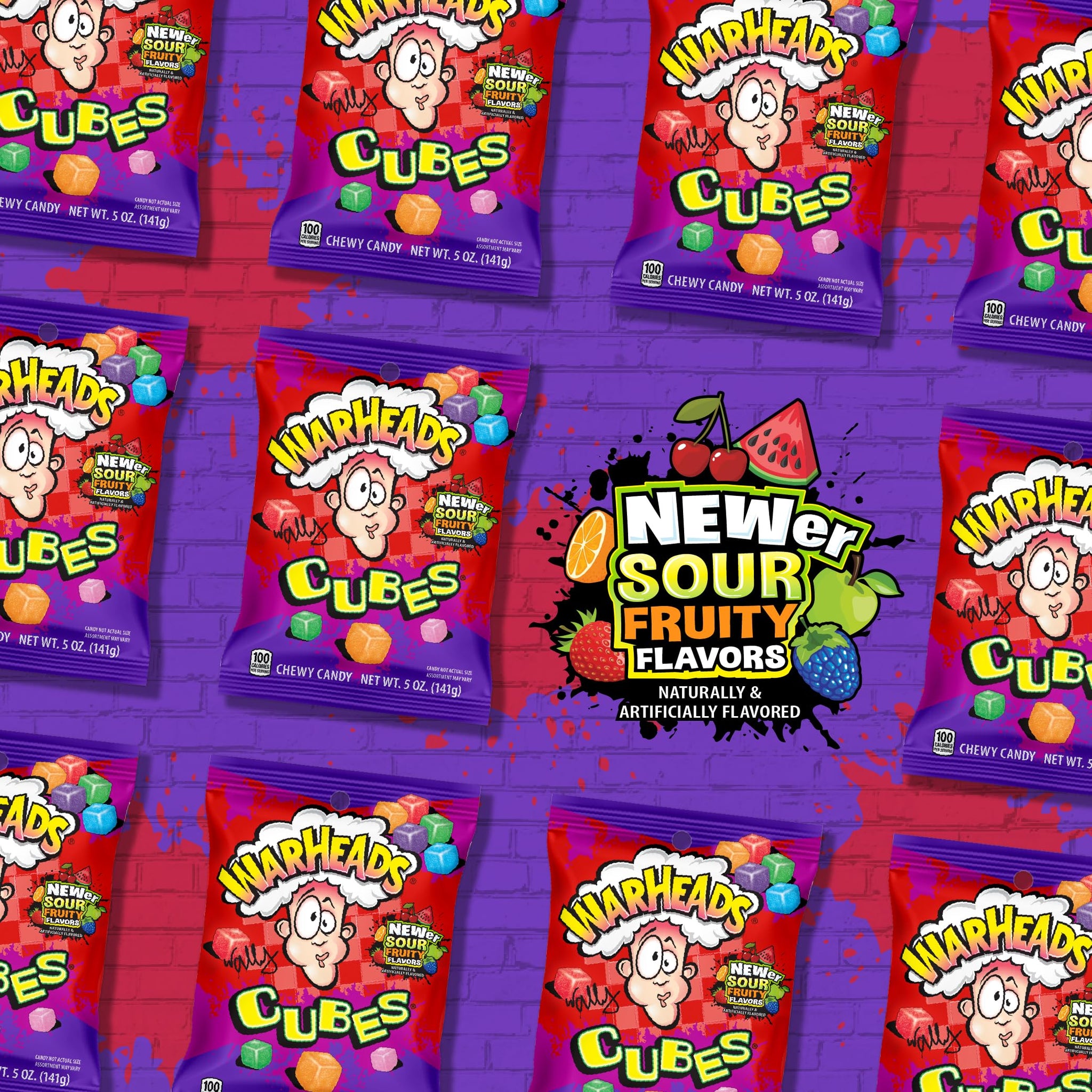 WARHEADS Cubes - Sour, Sweet & Fruity Chewy Candy with New Sour Fruity Flavors: Orange, Watermelon, Blue Raspberry, Black Cherry, Strawberry & Green