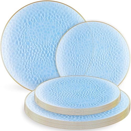 Organic Hammered Dusty Blue Plates Disposable, (32 Ct) 7" & 10" Blue Clear Plastic Plates Combo, Perfect Blue Disposable Plates for Fancy Plastic