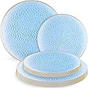 Organic Hammered Dusty Blue Plates Disposable, (32 Ct) 7" & 10" Blue Clear Plastic Plates Combo, Perfect Blue Disposable Plates for Fancy Plastic