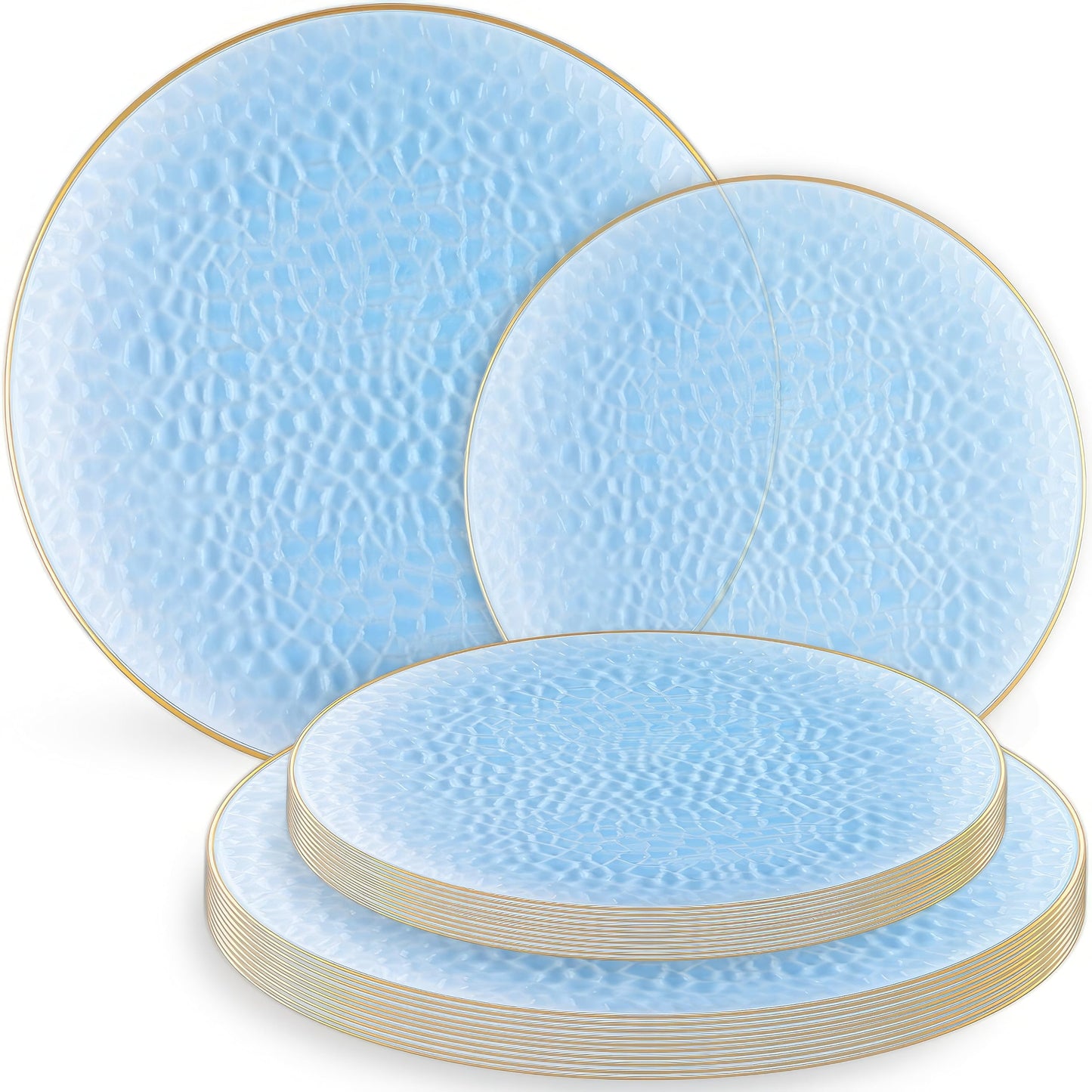 Organic Hammered Dusty Blue Plates Disposable, (32 Ct) 7" & 10" Blue Clear Plastic Plates Combo, Perfect Blue Disposable Plates for Fancy Plastic