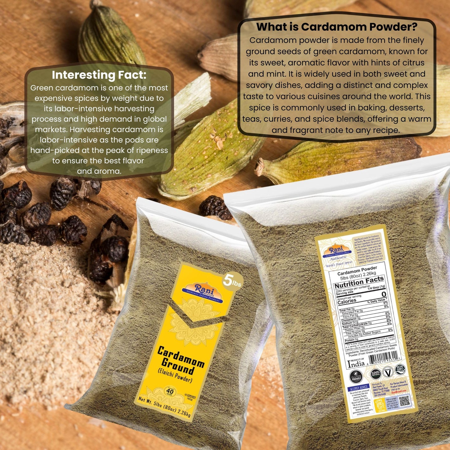 Rani Cardamom (Elachi) Ground, Powder Indian Spice 80oz (5lbs) 2.27kg Bulk ~ All Natural | No Color Added | Gluten Friendly | Vegan | NON-GMO | Kosher