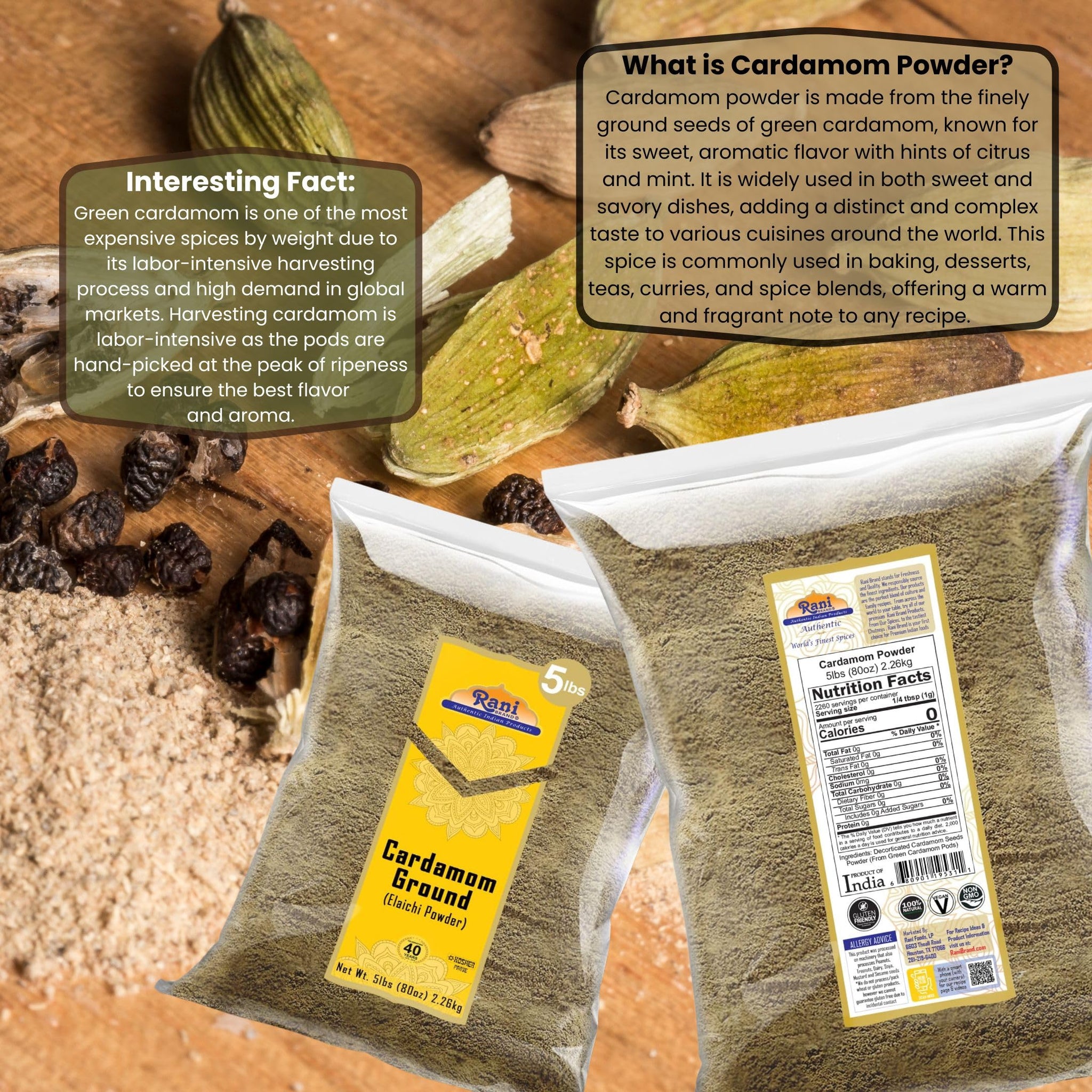 Rani Cardamom (Elachi) Ground, Powder Indian Spice 80oz (5lbs) 2.27kg Bulk ~ All Natural | No Color Added | Gluten Friendly | Vegan | NON-GMO | Kosher