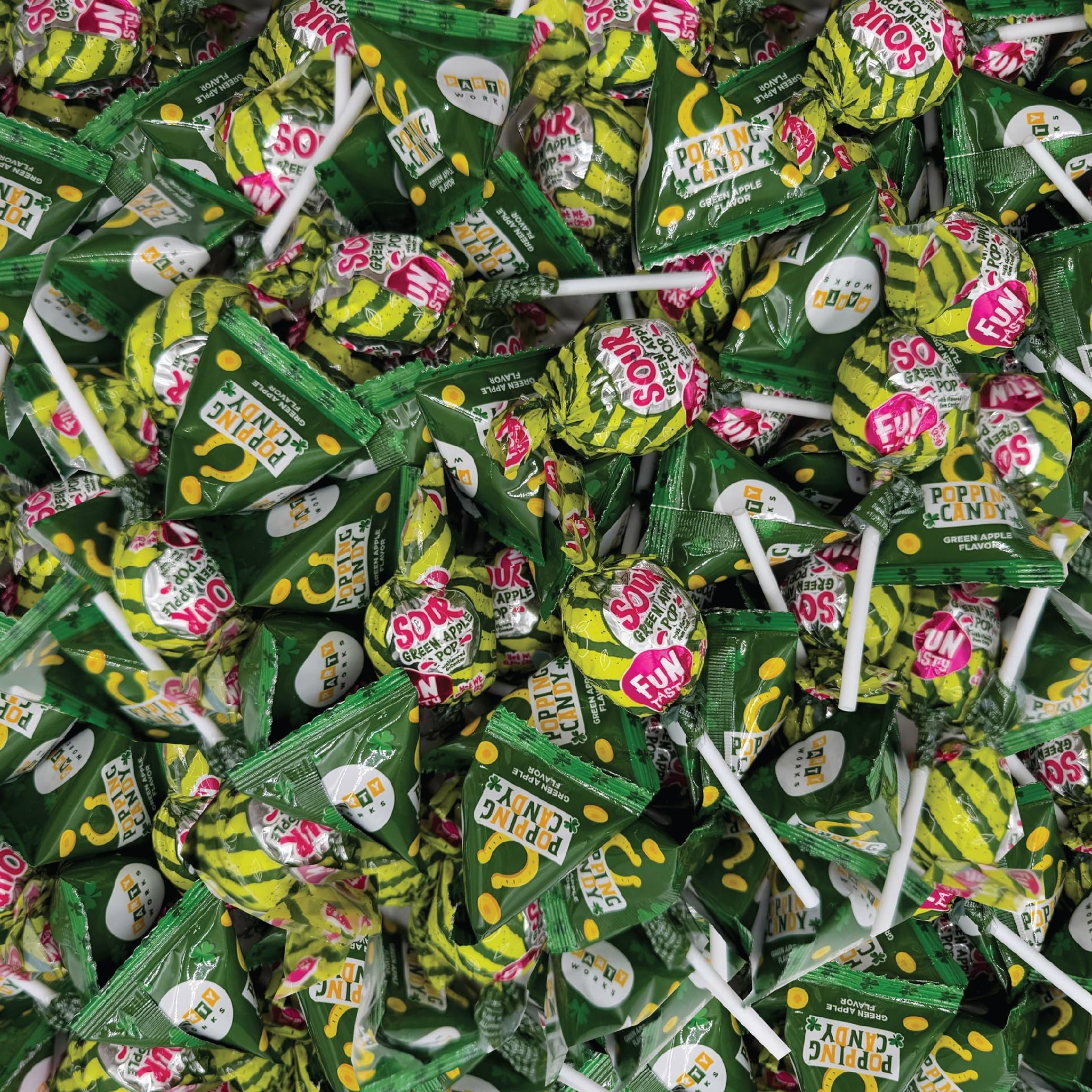 St Patrick's Day Candy Mix - 4 Pound Bulk Pack - Sour Apple Popping Rocks and Gum-Filled Lollipops - Individually Wrapped Party Favors & Goodie Bags