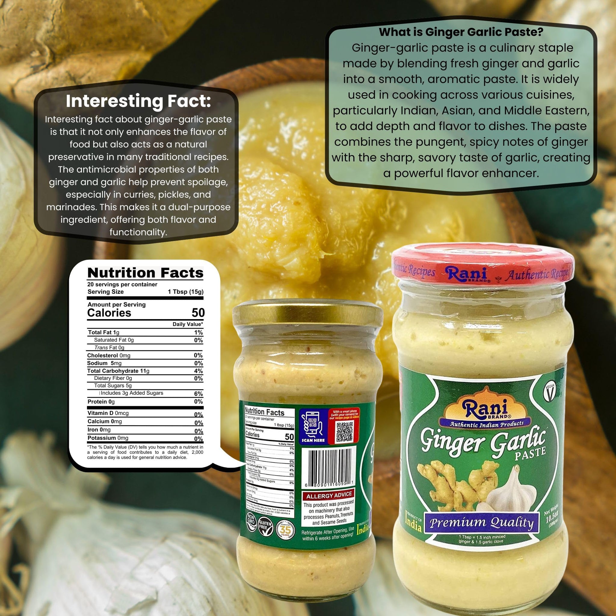 Rani Ginger Garlic Cooking Paste 10.5oz (300g) Glass Jar ~ Vegan | Gluten Free | NON-GMO | No Colors | Indian Origin