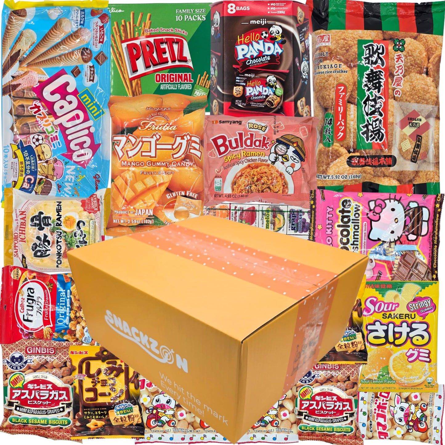 SNACKZON - Mega Variety Pack of Japanese & Korean Treats, Chips, Ramen, Candy & Cookies - Ultimate Gift Care Package for College Students, Office
