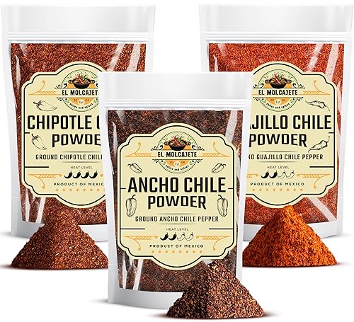 Chile Powder Ancho, Guajillo, Chipotle Variety Pack (4oz Each) - Dry Chili Pepper Powders for Traditional Mexican Cooking, Bold Flavors for Sauces