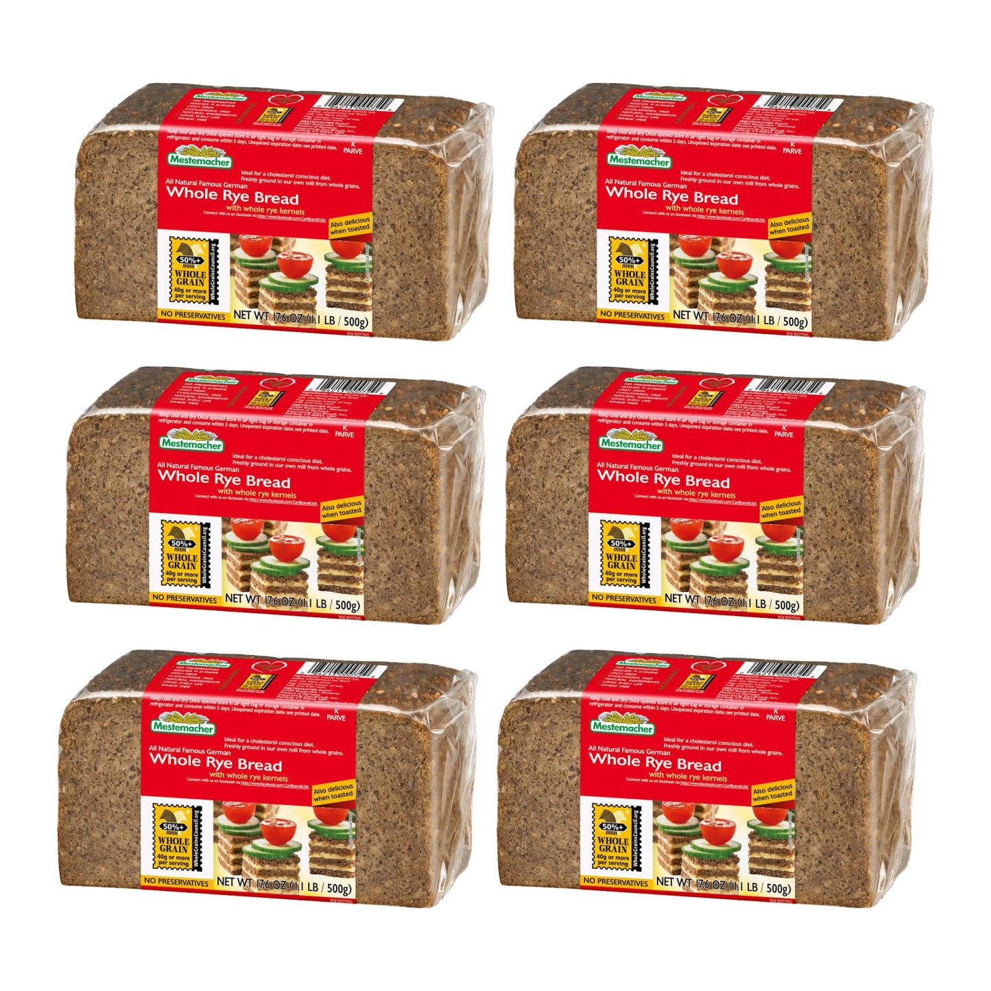 Mestemacher All Natural Whole Rye Bread, 17.6 Oz - Authentic German Whole Grain Rye Bread, High Fiber, Non-GMO, Ready to Eat, Long Shelf Life (Pack
