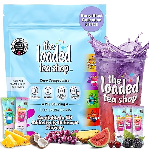 The Loaded Tea Shop Energy Drink Mix Sticks, Berry Blast Collection 5 Pack, Sugar-Free, Zero Calories, 200mg Natural Caffeine, No Artificial