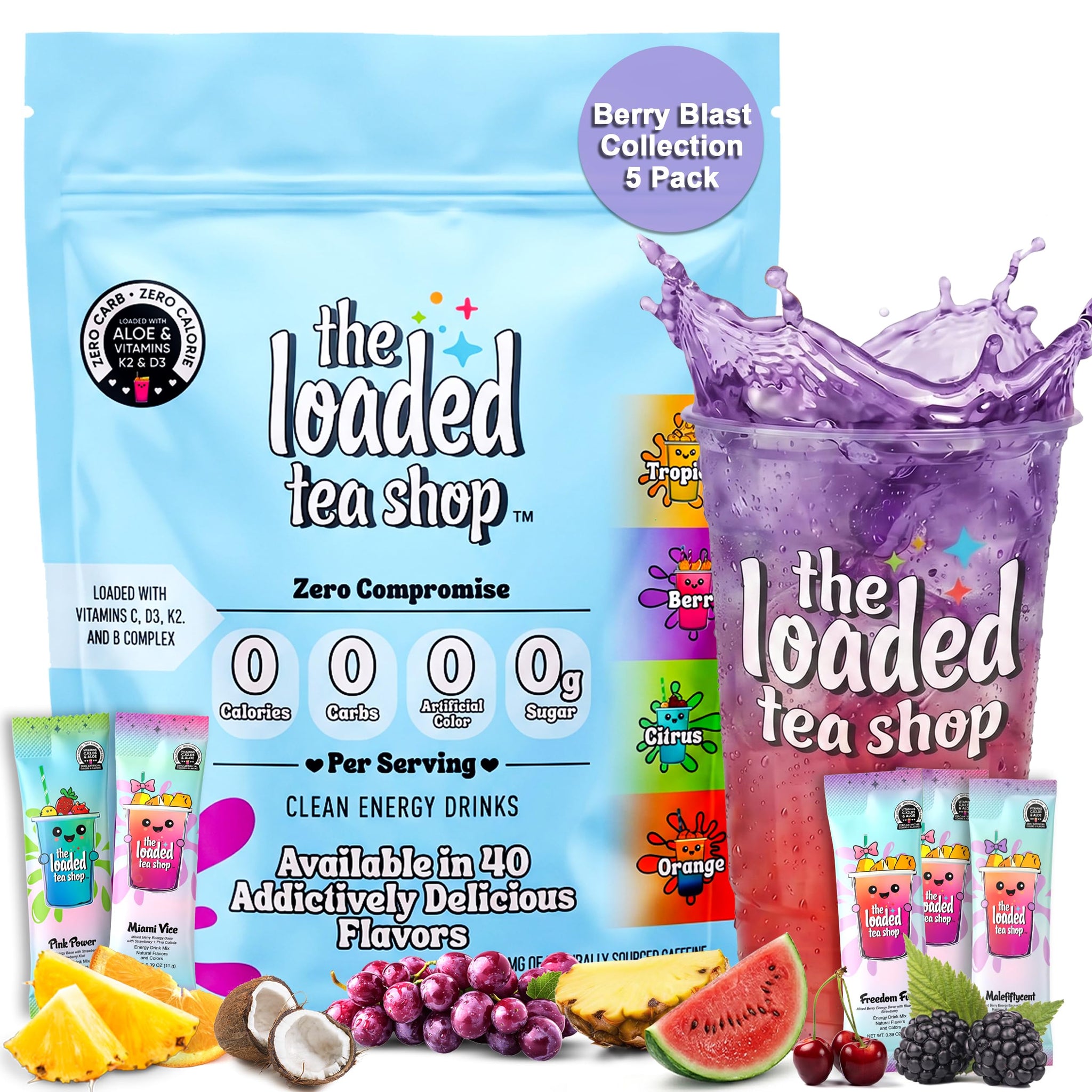 The Loaded Tea Shop Energy Drink Mix Sticks, Berry Blast Collection 5 Pack, Sugar-Free, Zero Calories, 200mg Natural Caffeine, No Artificial