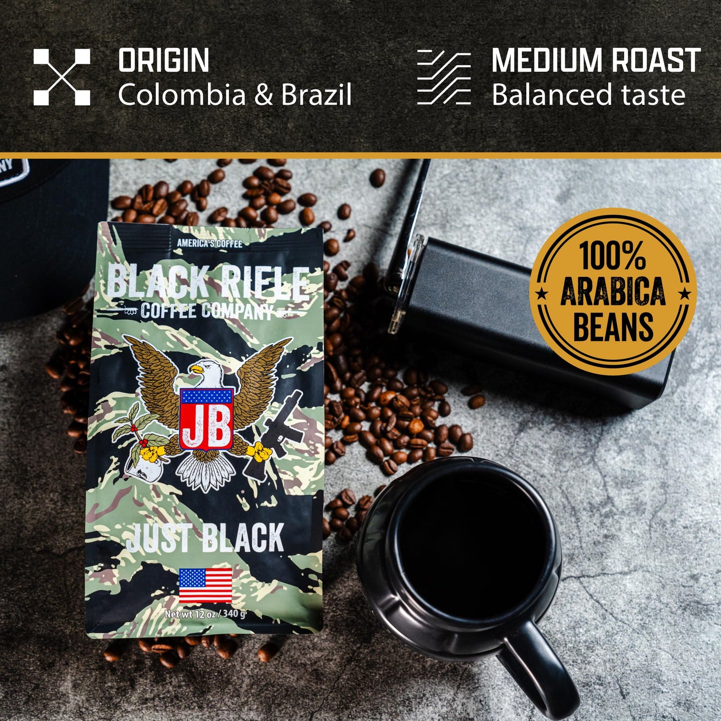 Black Rifle Coffee Company Just Black, 12oz Bag, Ground Coffee Medium Roast - Roasted Blend Made from Arabica Beans - Colombian & Brazilian Beans